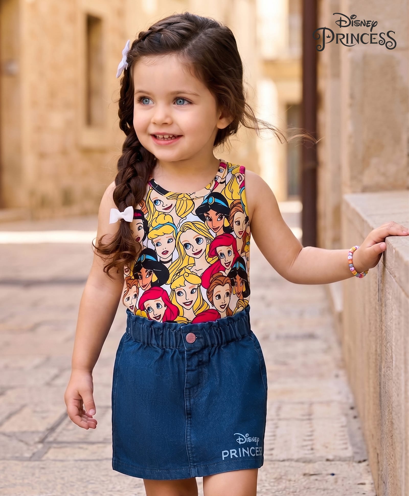 Babyhug Disney Single Jersey Knit Sleeveless Tops and Denim Skirts Set with Disney Princess Graphics - Multicolour-image-35