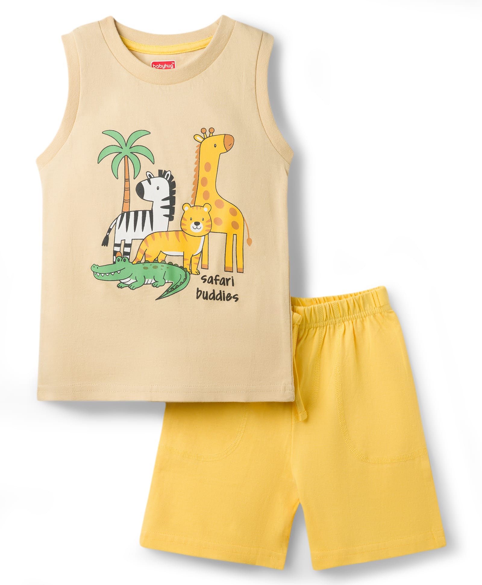 Babyhug Single Jersey Knit Sleeveless T-Shirt & Shorts Set with Animal Print - Light Brown & Yellow-image-23