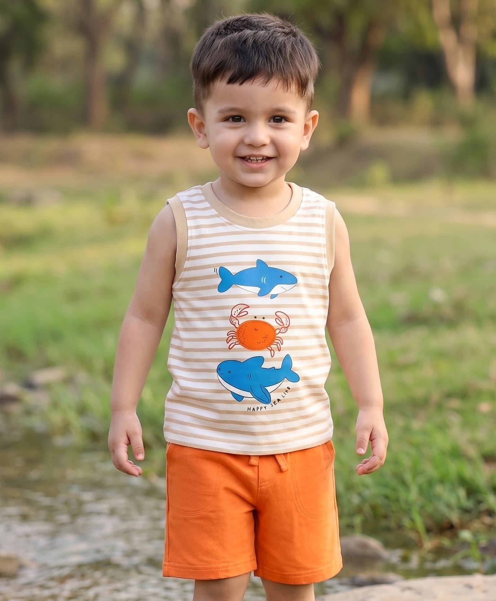 Babyhug Slub Jersey Knit Sleeveless Striped Sea Life Printed Tank T-Shirt & Shorts Set - Multicolor-image-28