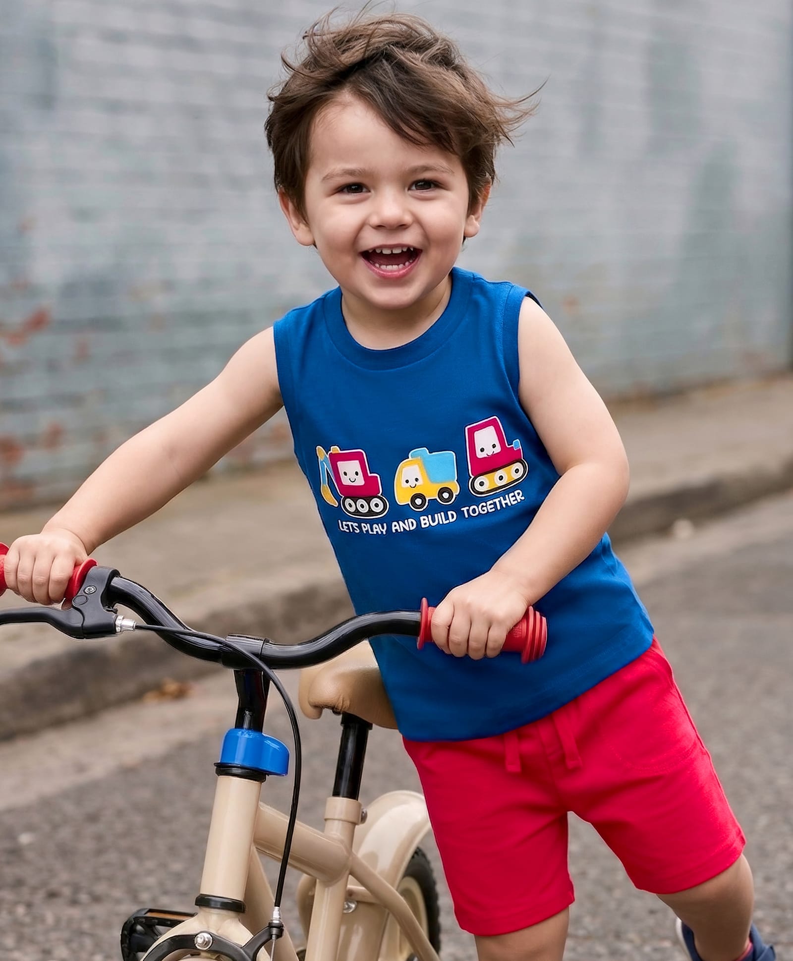 Babyhug Single Jersey Knit Sleeveless T-Shirt & Shorts Set with Vehicles Print - Blue & Red-picture-20