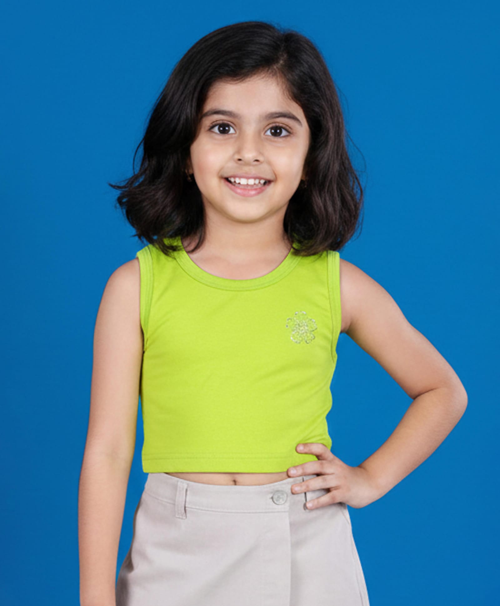Kiddopanti Cotton Spandex Knit Sleeveles Floral Designed Metal Stud Embellished Crop Top - Neon Green-picture-27