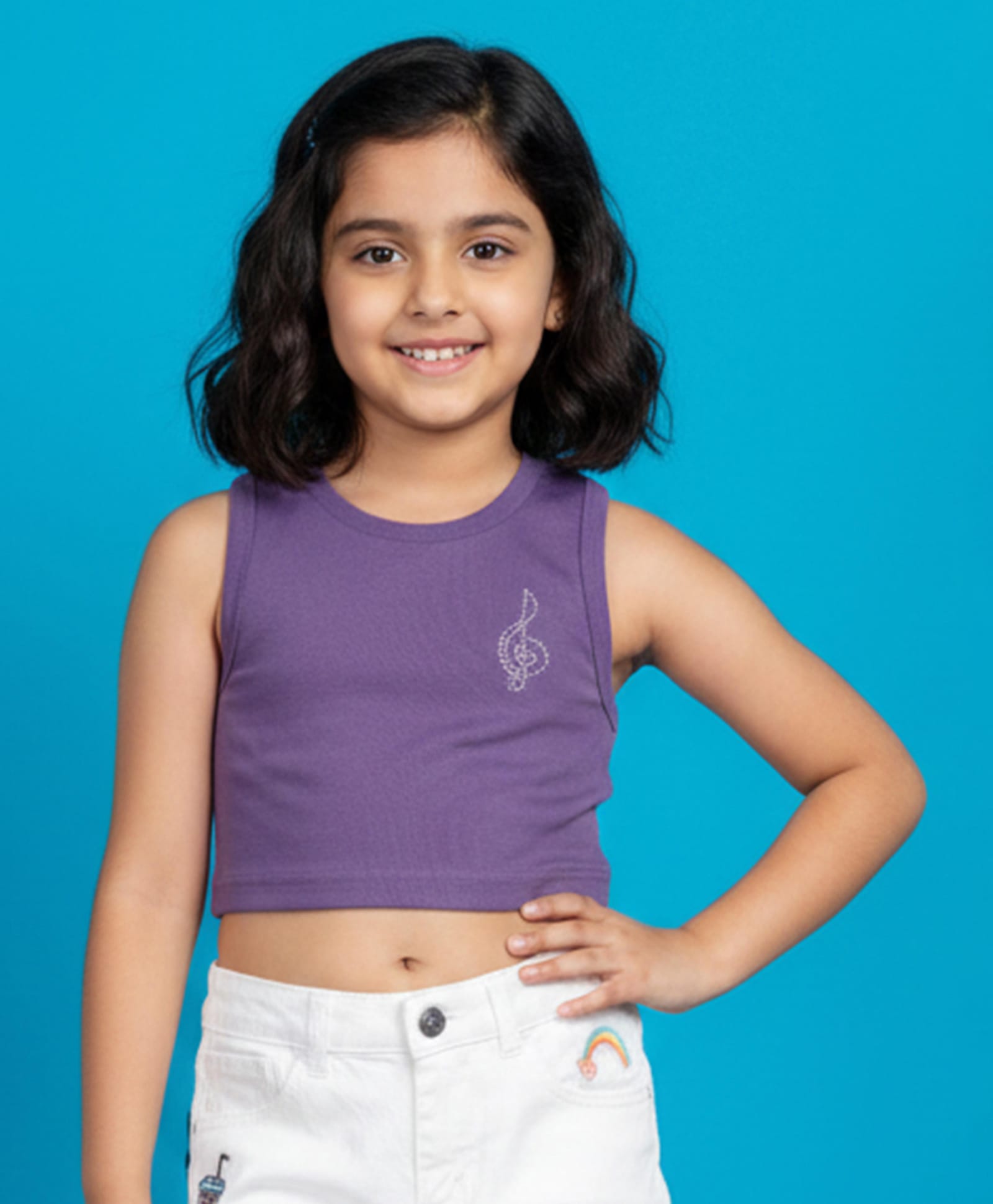 Kiddopanti Cotton Spandex Knit Sleeveless Treble Clef Designed Metal Stud Embellished Crop Top - Purple-picture-26
