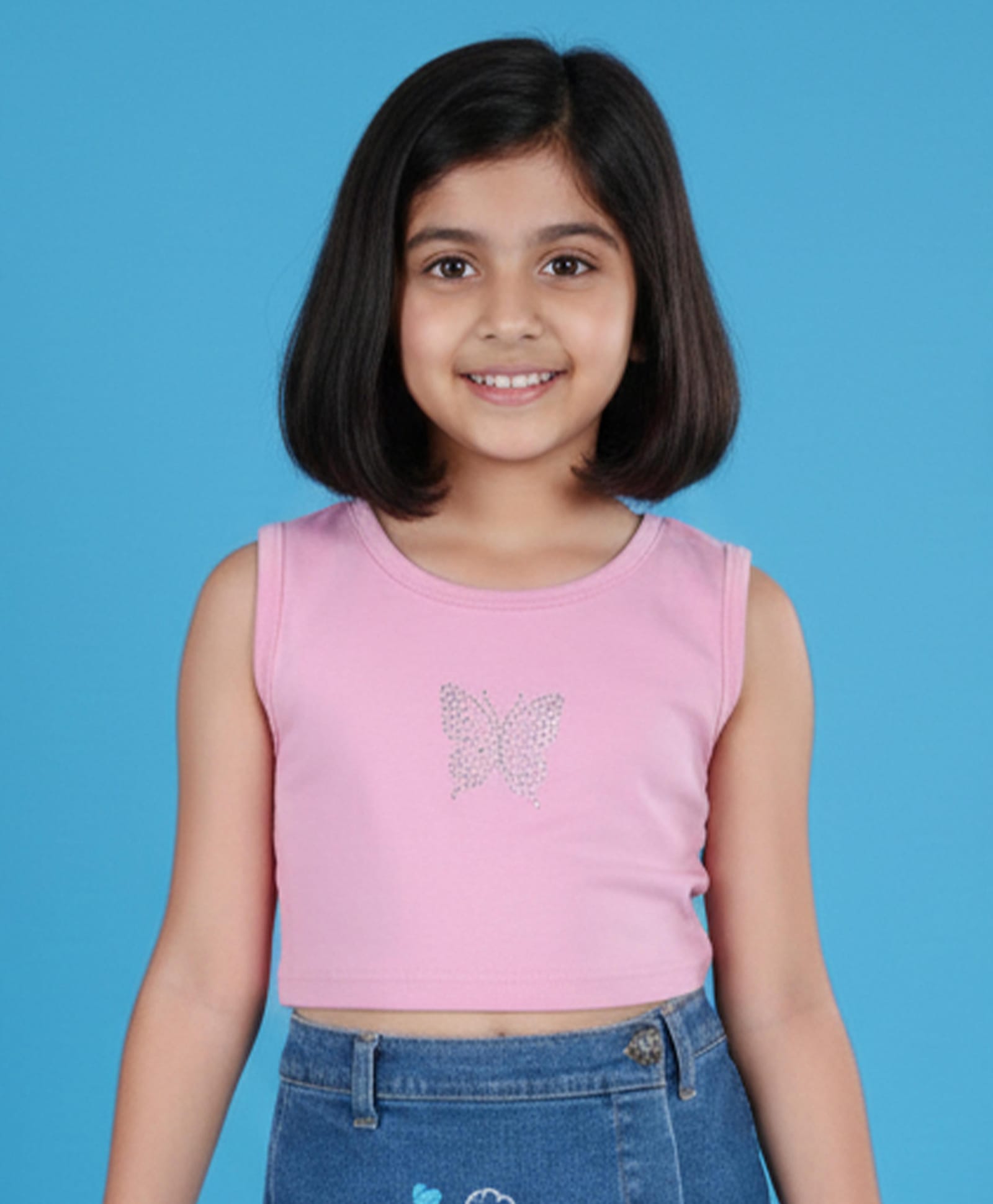 Kiddopanti Cotton Spandex Knit Sleeveless Racer Back Ribbed Butterfly Designed Metal Stud Embellished Crop Top - Baby Pink-picture-13