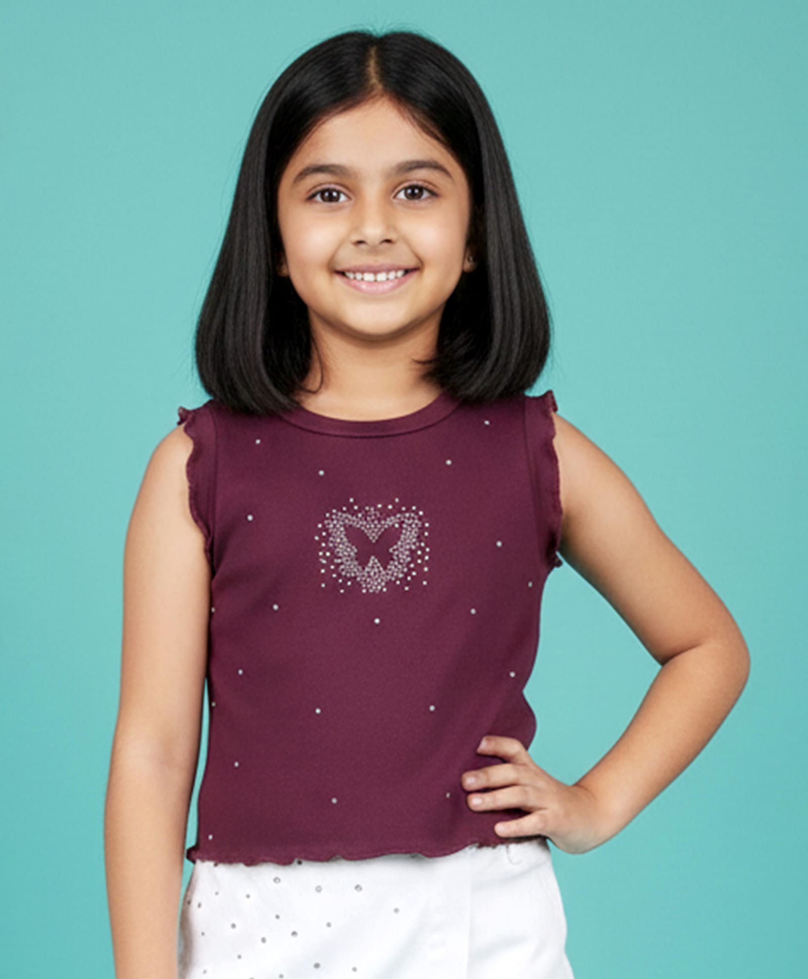 Kiddopanti Cotton Spandex Knit Sleeveless Racer Back Ribbed Butterfly Designed Metal Stud Embellished Crop Top - Wine-picture-10