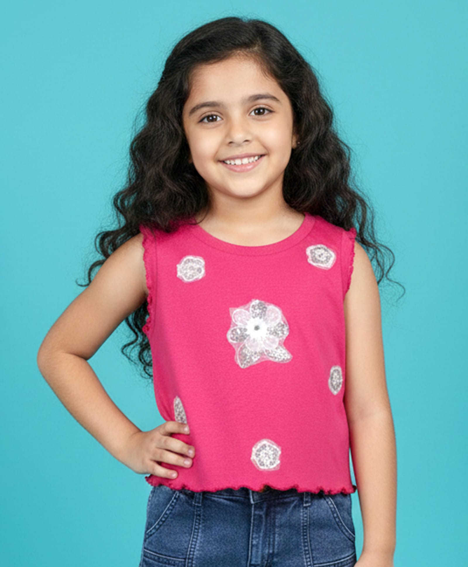 Kiddopanti Cotton Spandex Knit Sleeveless Sequins & Floral Applique Detailed Crop Top - Fuchsia Pink-picture-20