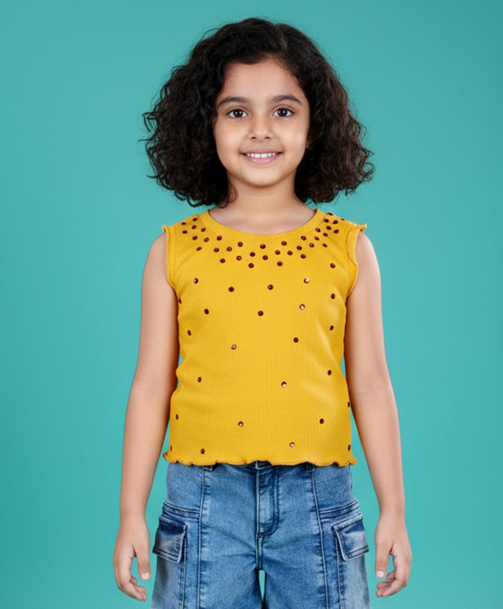 Kiddopanti Cotton Spandex Knit Sleeveless Stone Embellished Crop Top - Yellow-image-35