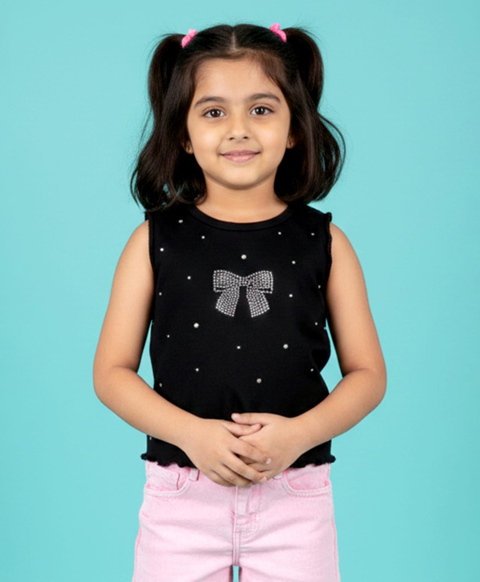 Kiddopanti Cotton Spandex Knit Sleeveless Bow Designed Stone Embellished Crop Top - Black-picture-19
