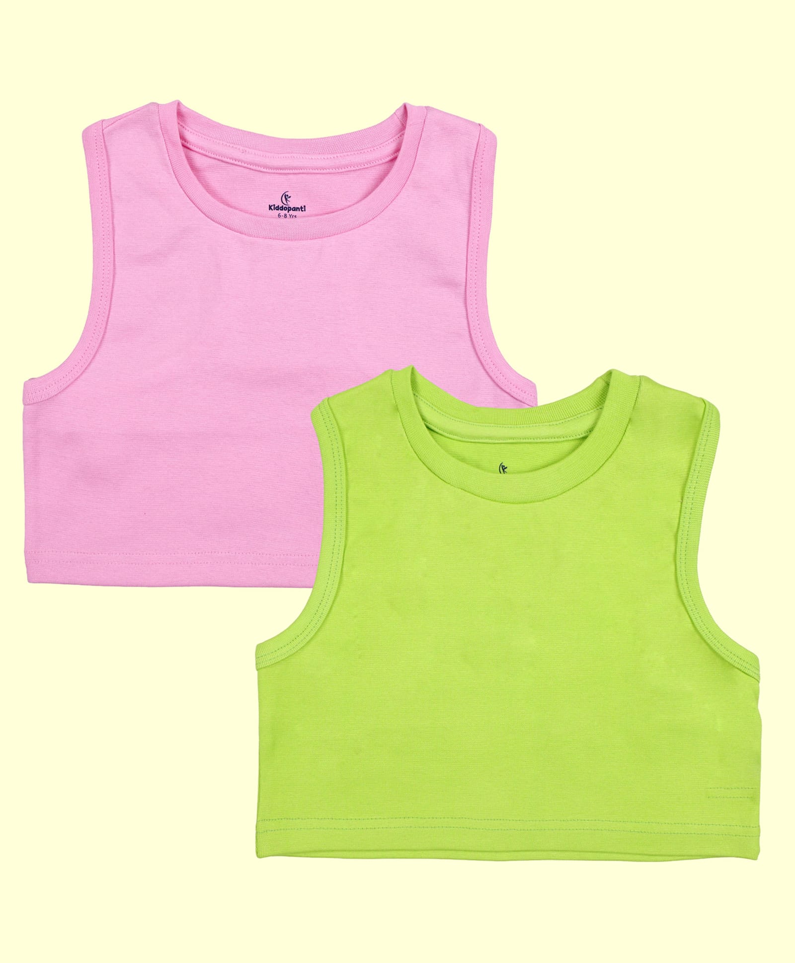 Kiddopanti Cotton Spandex Knit Pack of 2 Sleeveless Solid Racerback Ribbed Crop Tops - Neon Green & Baby Pink-image-2