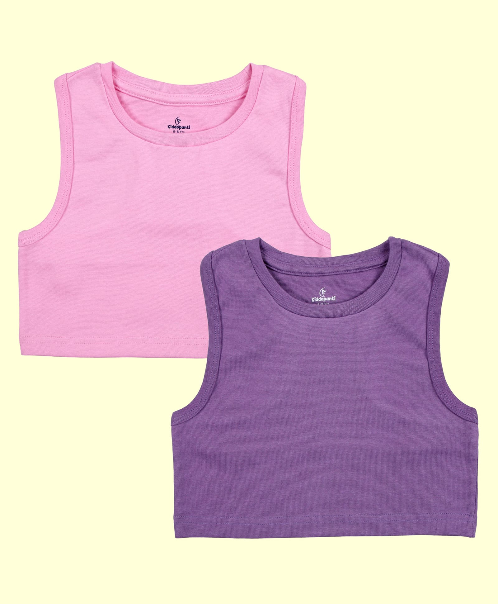 Kiddopanti Cotton Spandex Knit Pack Of 2 Sleeveless Solid Crop Tops - Purple & Baby Pink-image-24