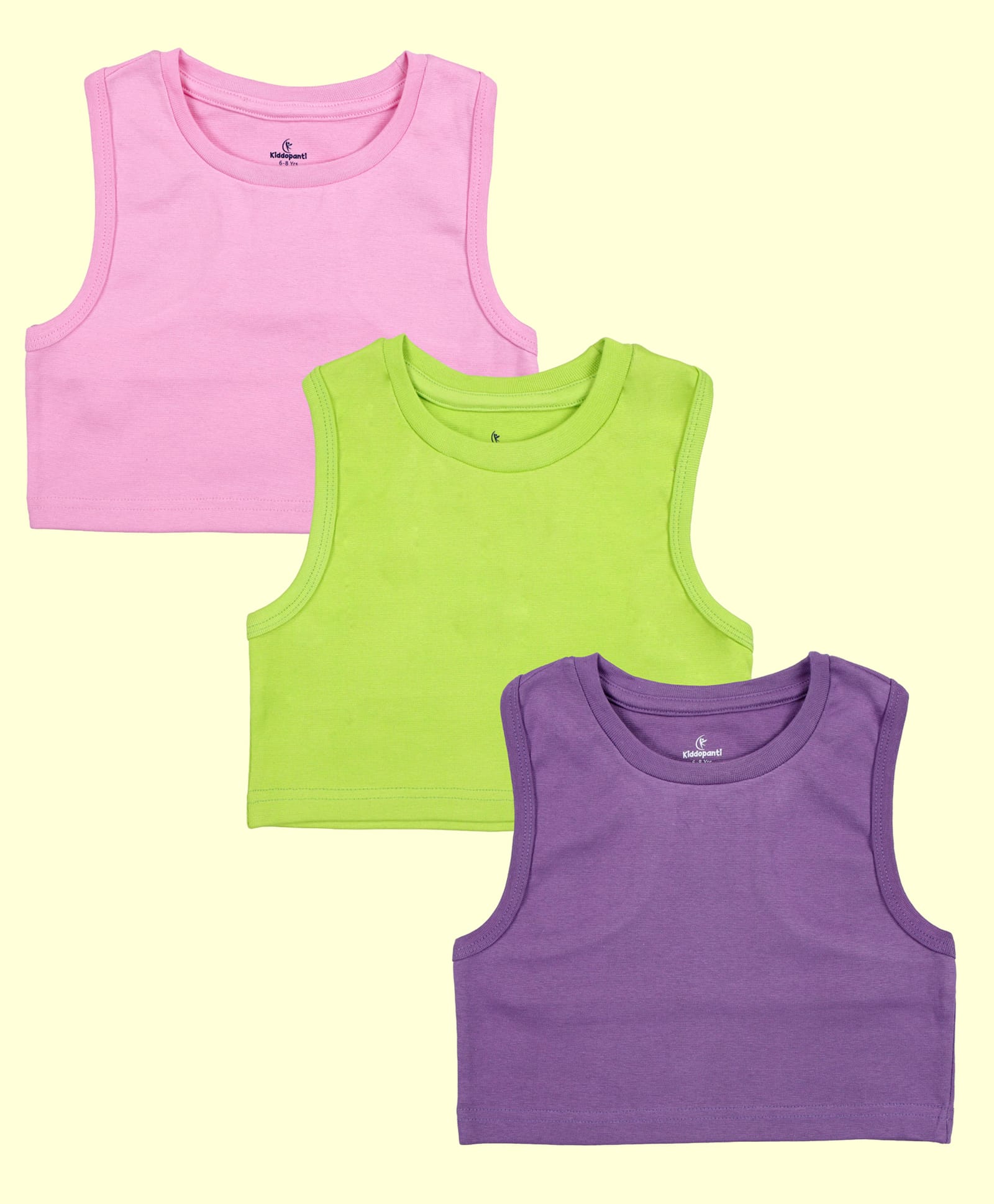 Kiddopanti Cotton Spandex Knit Pack Of 3 Sleeveless Solid Crop Tops - Neon Green Purple & Baby Pink-image-46
