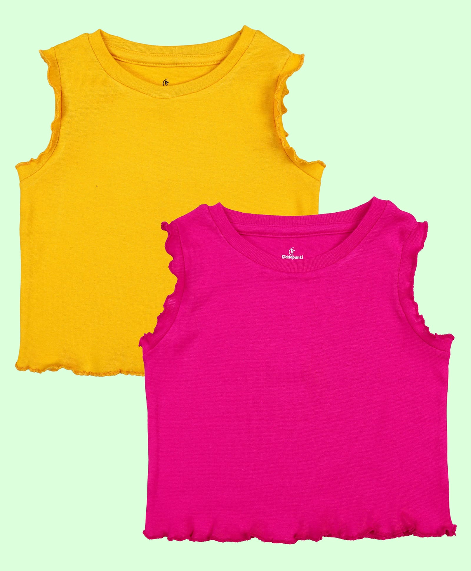 Kiddopanti Cotton Spandex Knit Pack Of 2 Sleeveless Solid Crop Tops - Yellow & Fushia-picture-19