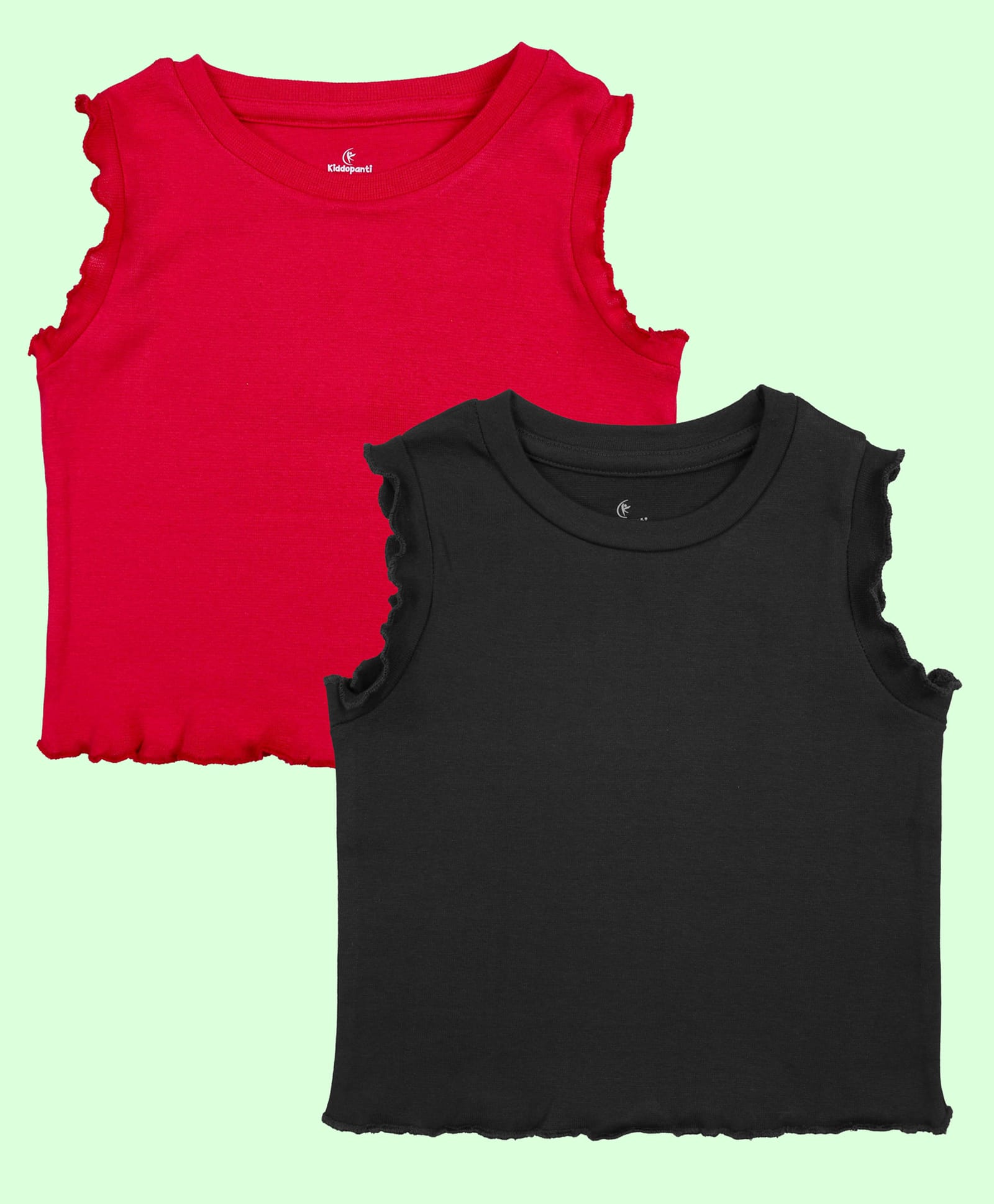 Kiddopanti Cotton Spandex Knit Pack Of 2 Sleeveless Solid Crop Tops - Red & Black-image-30