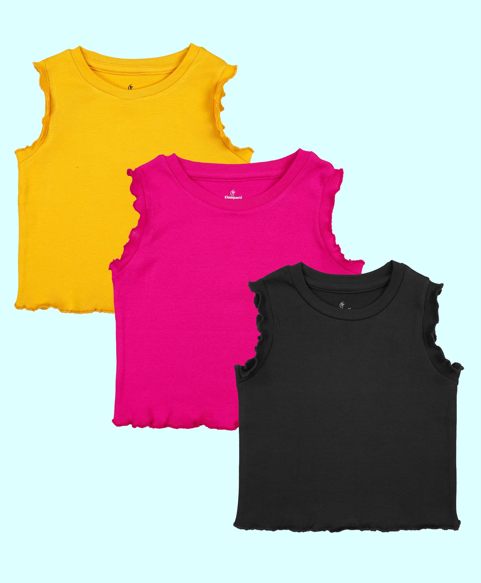 Kiddopanti Cotton Spandex Knit Pack Of 3 Frill Sleeves Solid Crop Tops - Fuchsia Yellow & Black-image-35