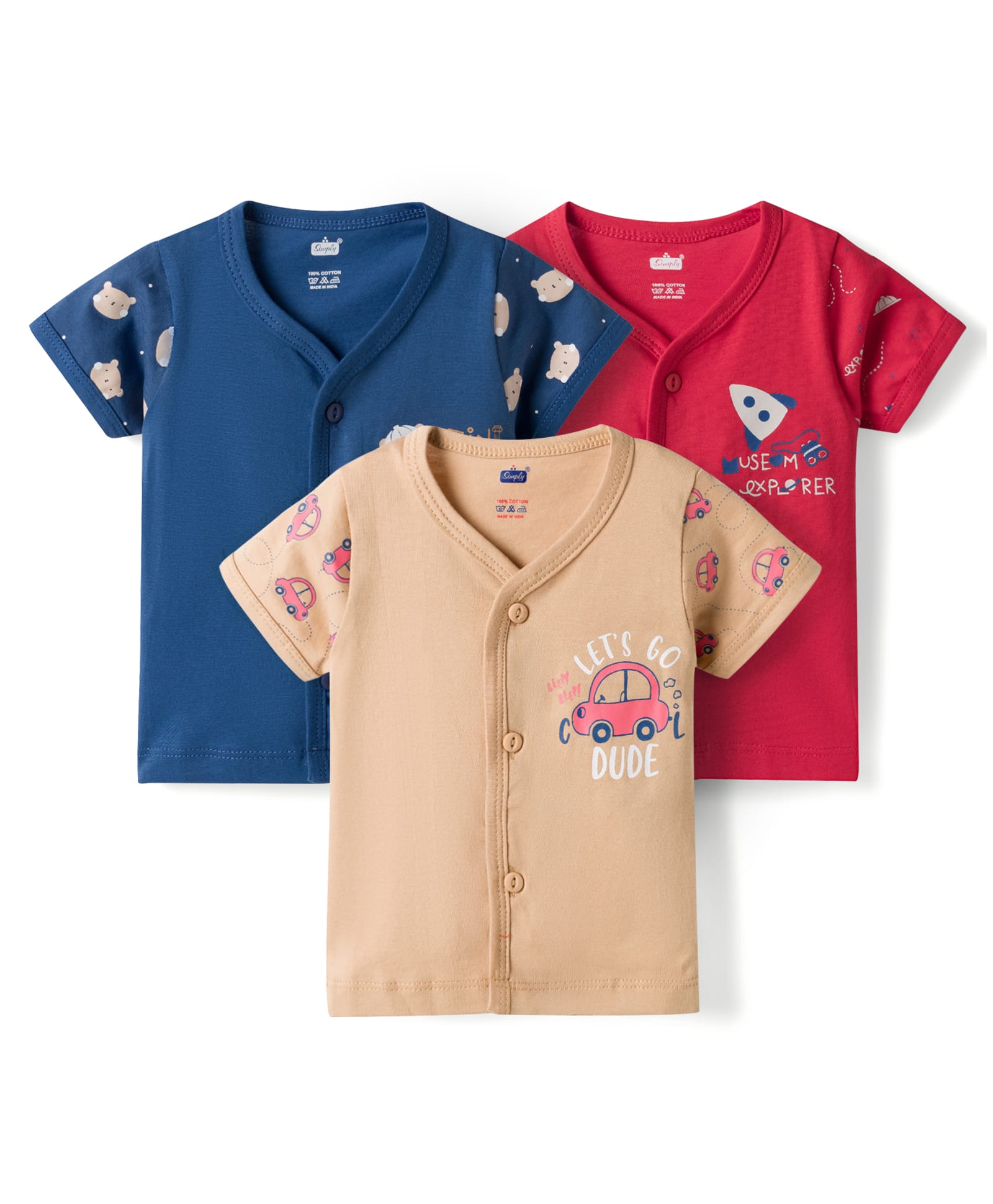 Simply Sinker Knit Half Sleeves Vehicles & Animal Printed Jhablas Pack of 3 - Red Navy Blue & Cream-image-20