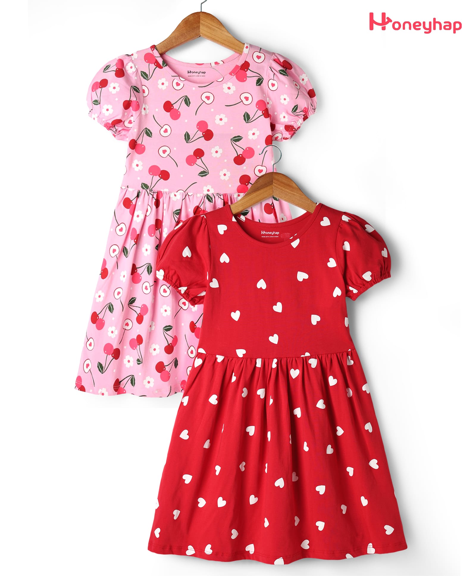 Honeyhap Premium 100% Cotton Knit Half Sleeves Frocks with Heart & Floral Print Pack of 2 - Pink Salt & Salsa-image-33