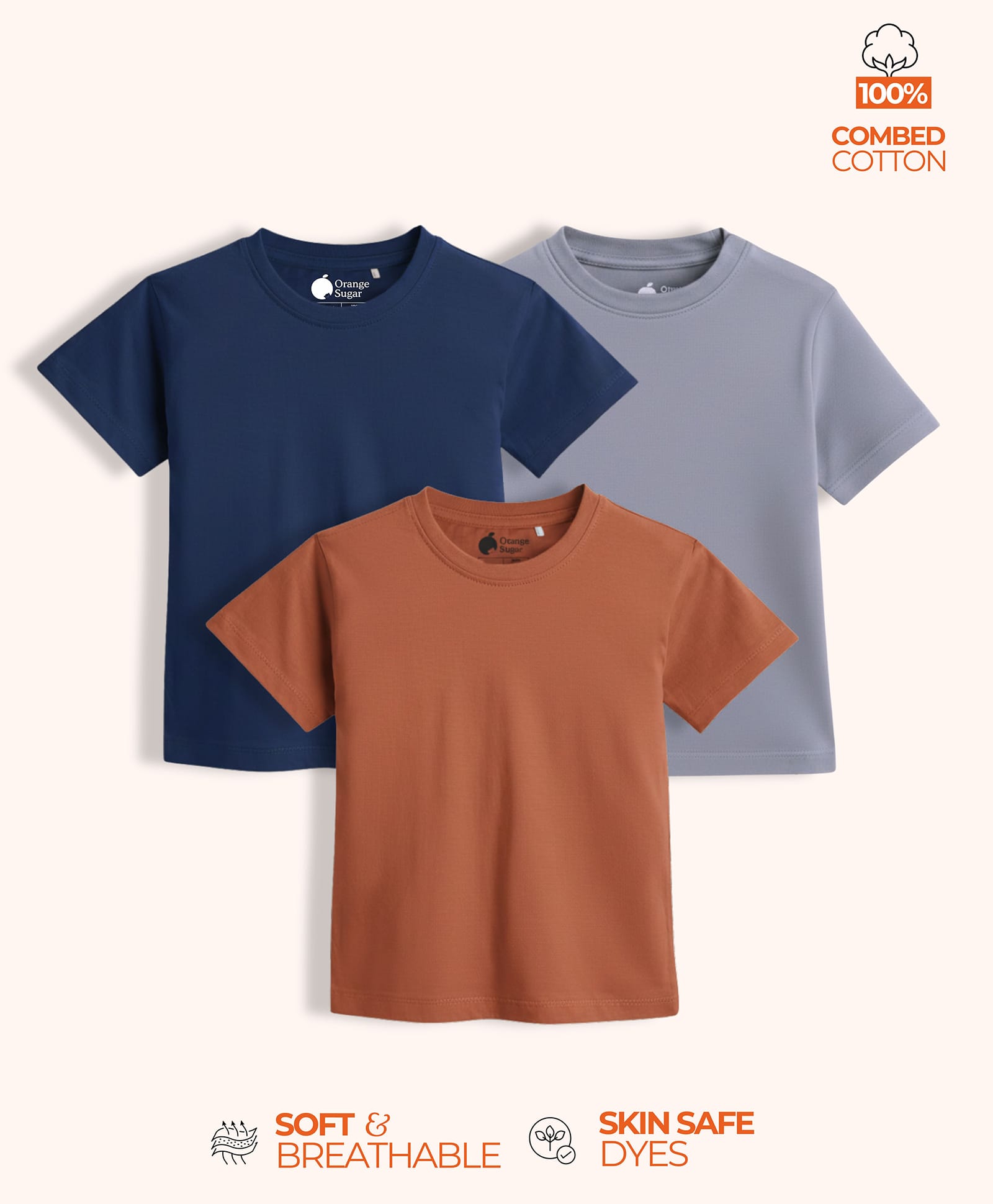 Orange Sugar 100% Cotton Knit Pack Of 3 Half Sleeves Solid Tees - Multi Colour-image-7