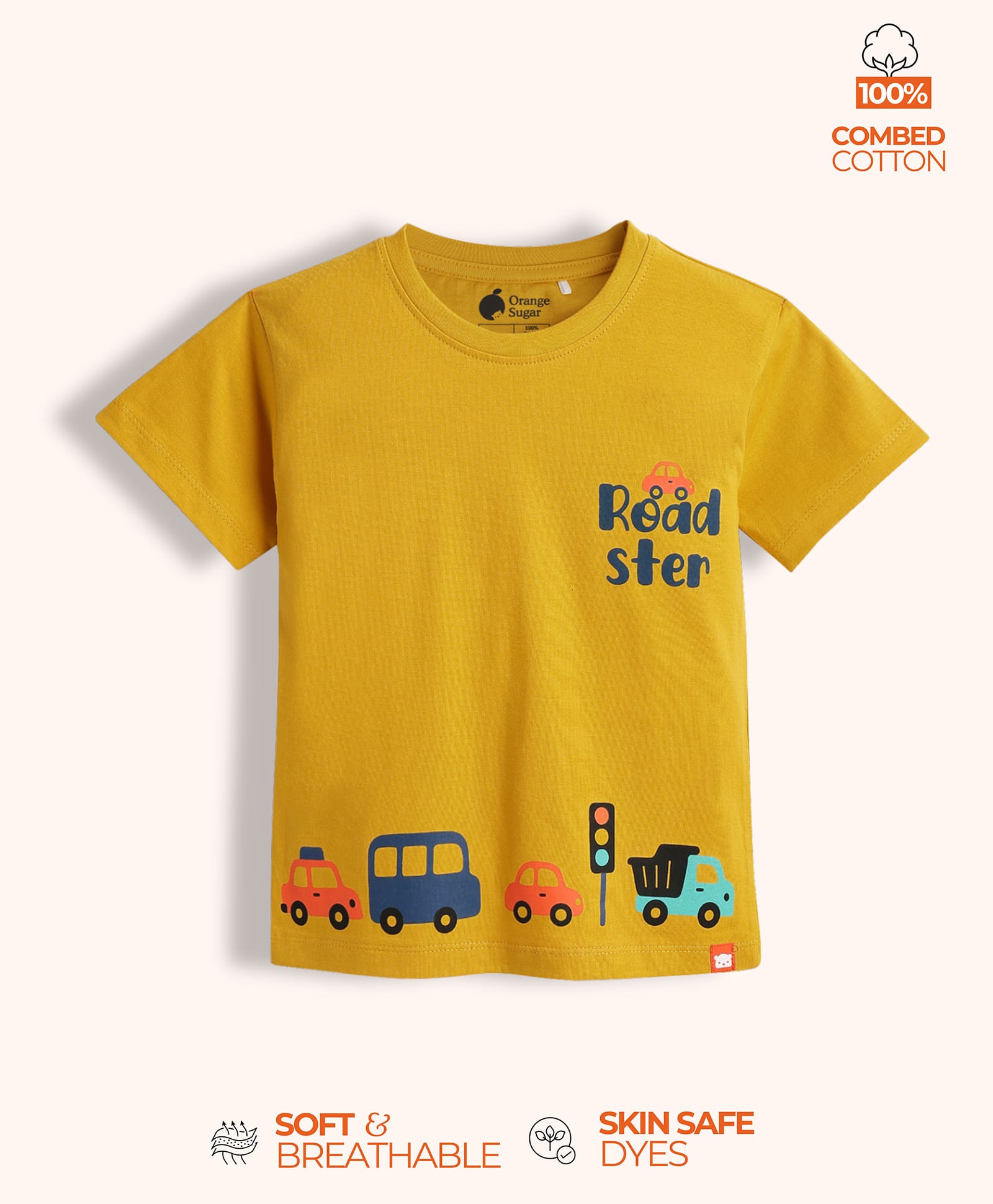 Orange Sugar 100% Cotton Knit Half Sleeves Cars & Roadster Text Printed Tee - Yellow-picture-12