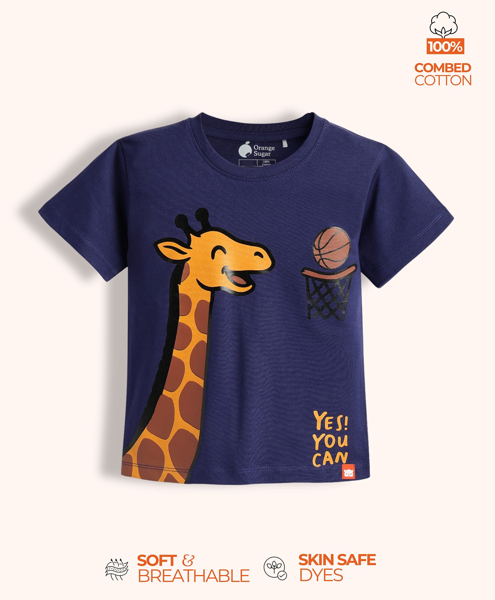 Orange Sugar 100% Cotton Knit Half Sleeves Giraffe & Yes You Can Text Printed Tee - Blue-picture-28