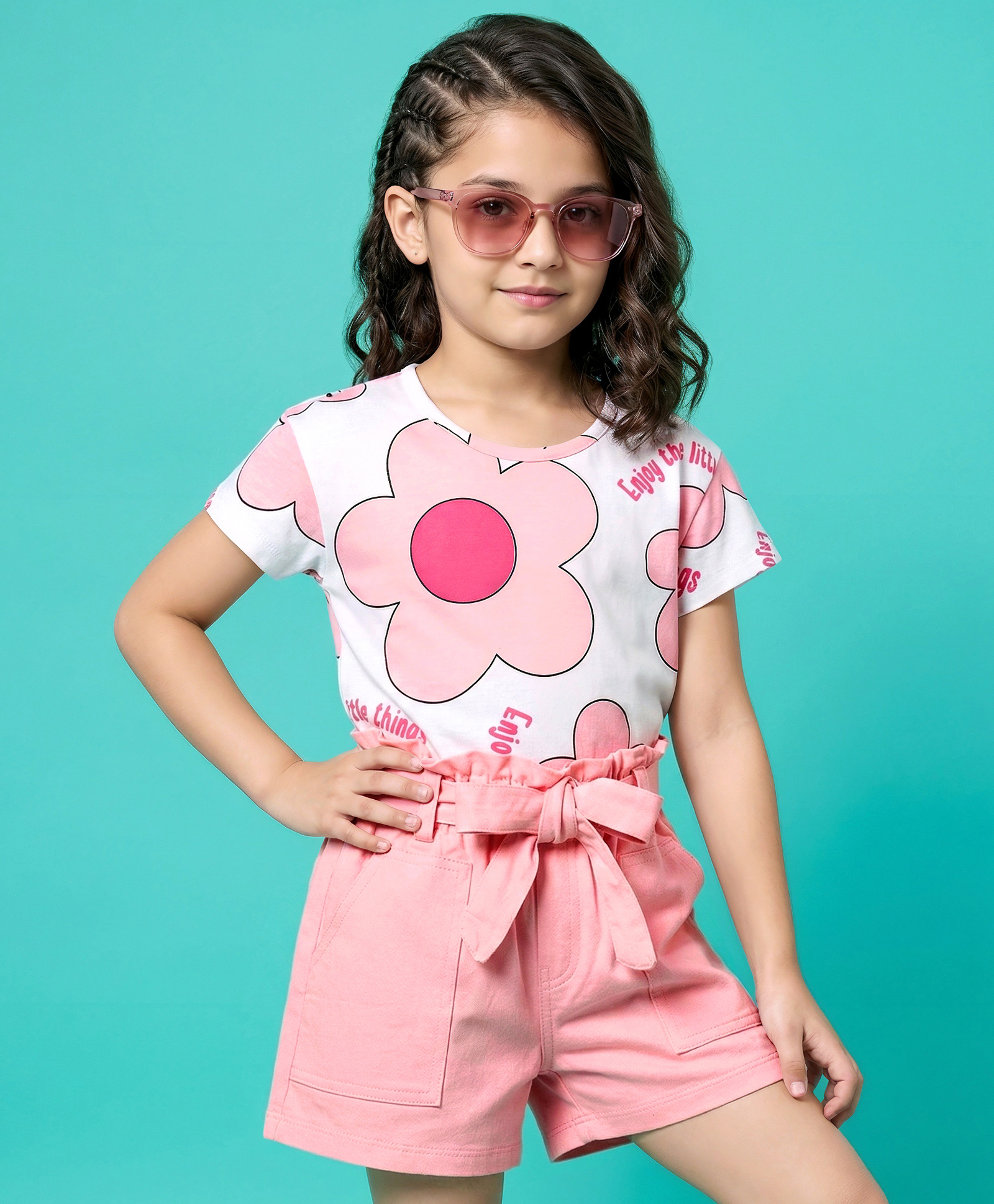 OLLINGTON ST. Cotton Knit Printed Half Sleeves Top & Shorts Set with Belt - Multicolour & Peach-image-23
