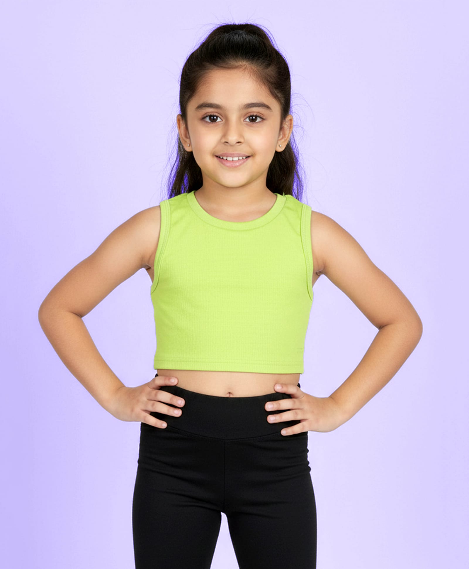 Kiddopanti Cotton Spandex Knit Sleeveless Solid Ribbed Crop Top - Neon Green-picture-26