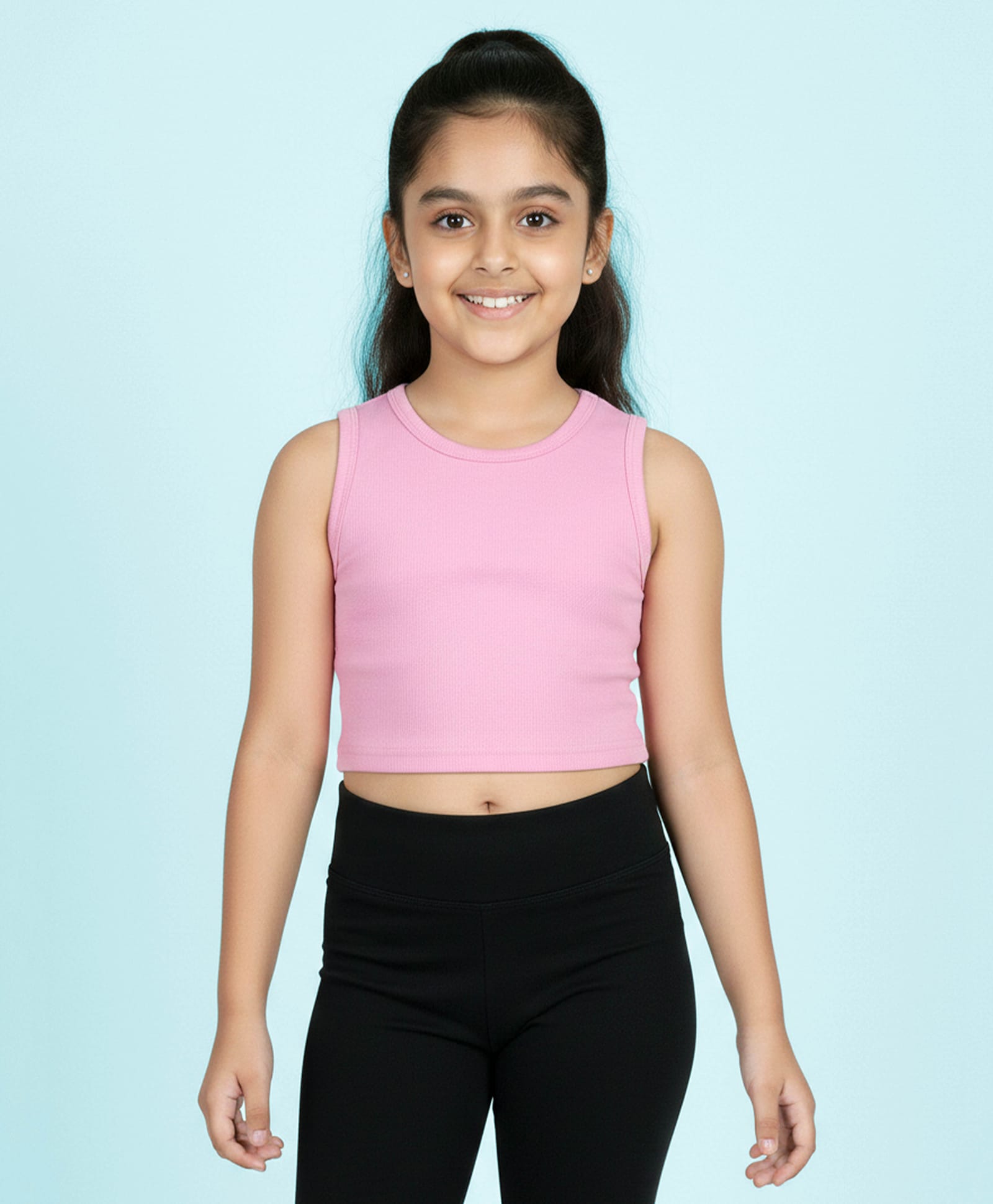 Kiddopanti Cotton Spandex Knit Sleeveless Solid Ribbed Crop Top - Baby Pink-picture-16