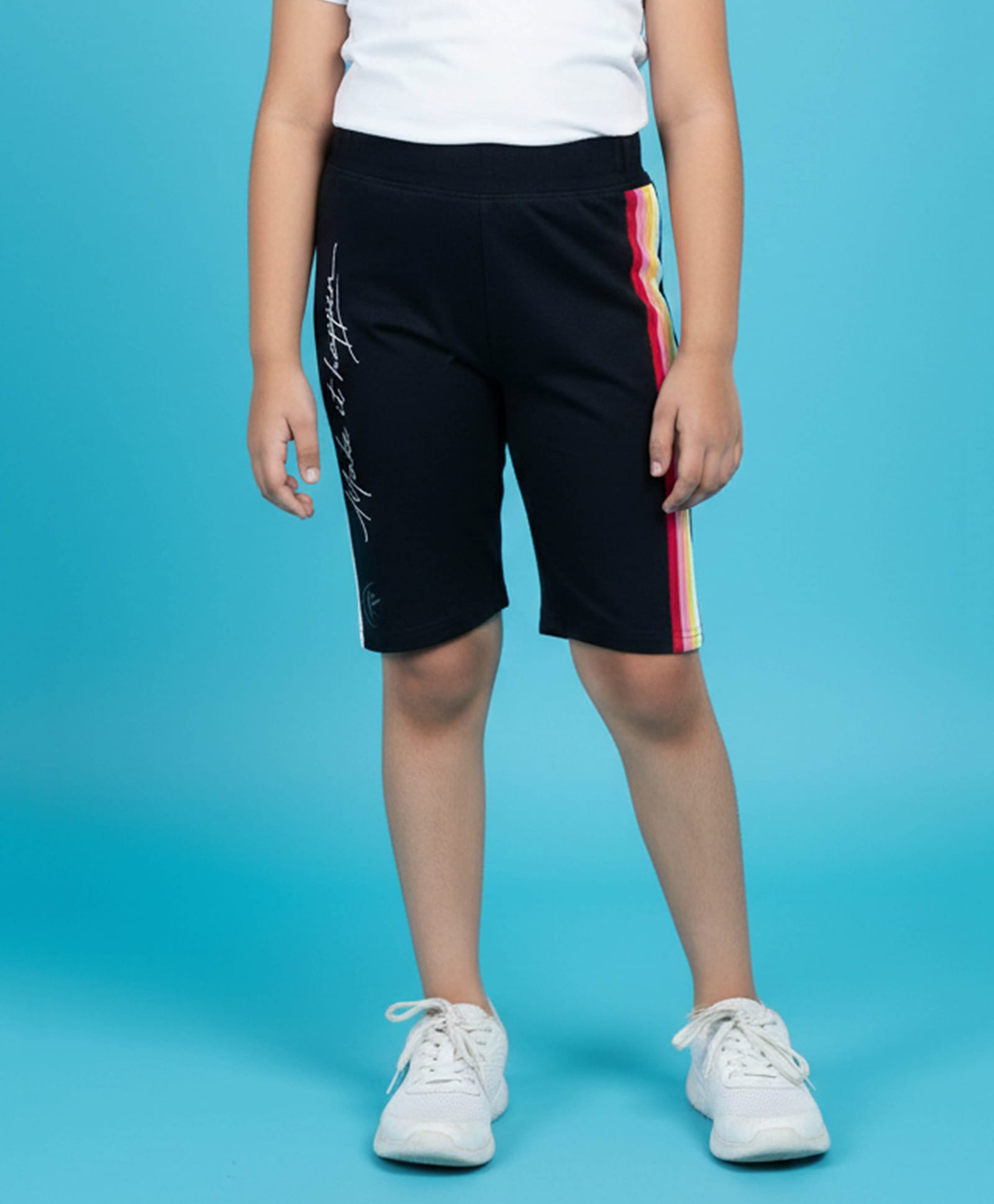 Kiddopanti Cotton Spandex Knit Make It Happen Text Printed Cycling Shorts - Navy Blue-image-28