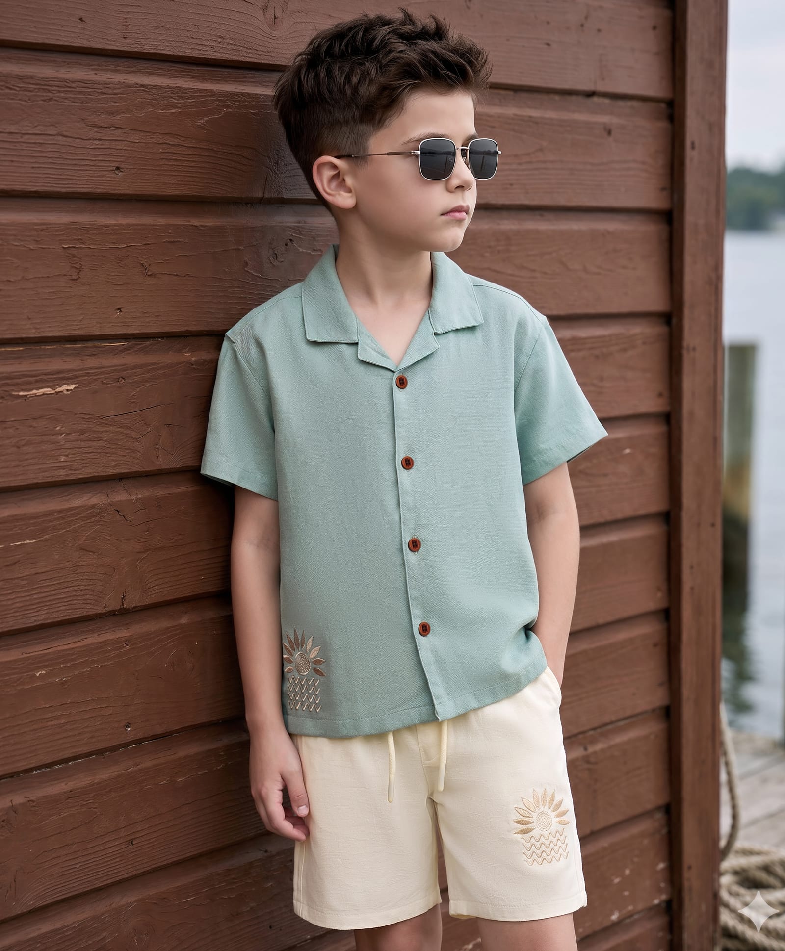 OLLINGTON ST. Cotton Viscose Woven Half Sleeves Resort Collar Shirt & Shorts Set - Off White & Grey-image-47