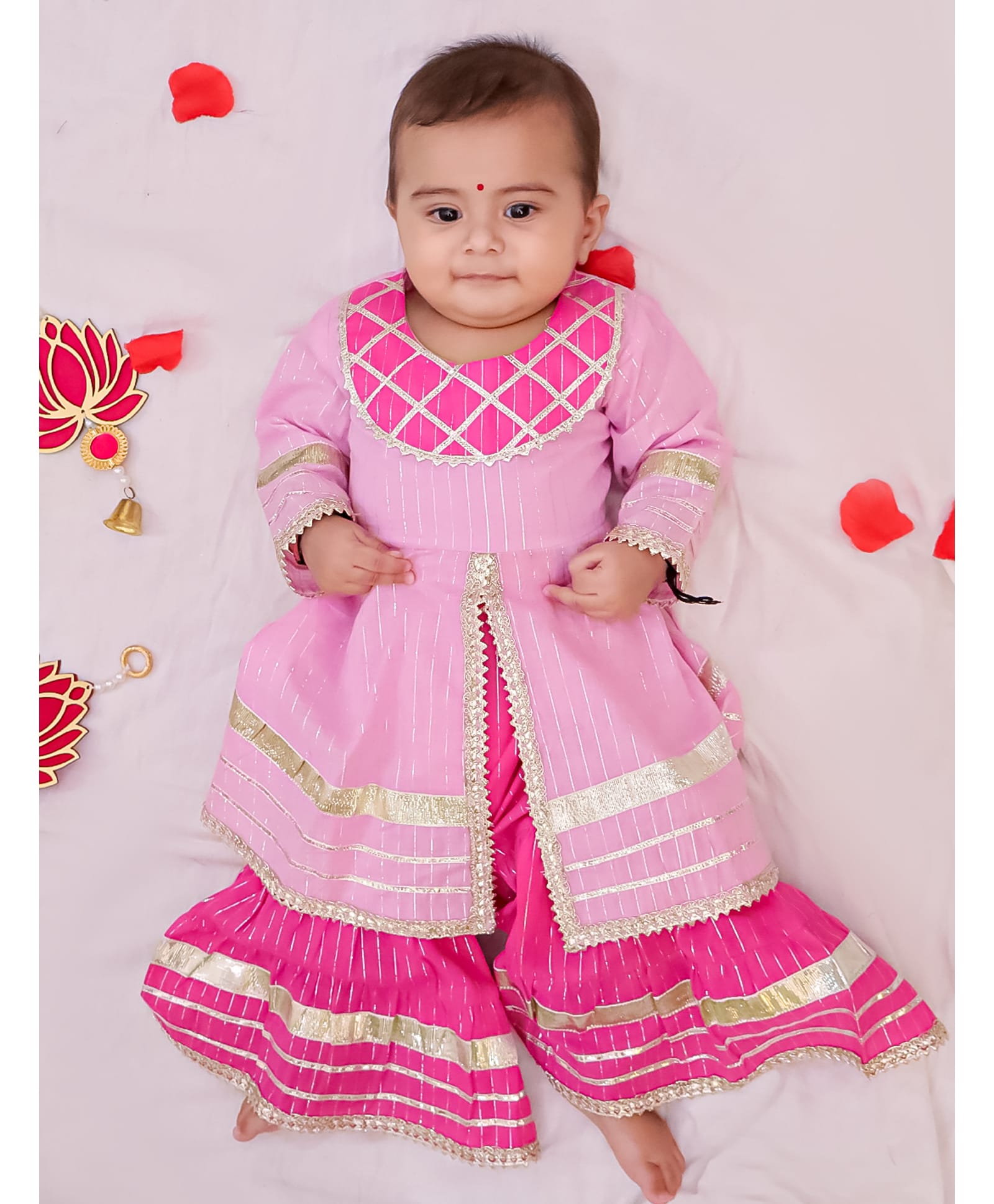 BownBee Pure Cotton Woven Full Sleeves Lace Embellished Kurti & Sharara Set - Pink-image-46