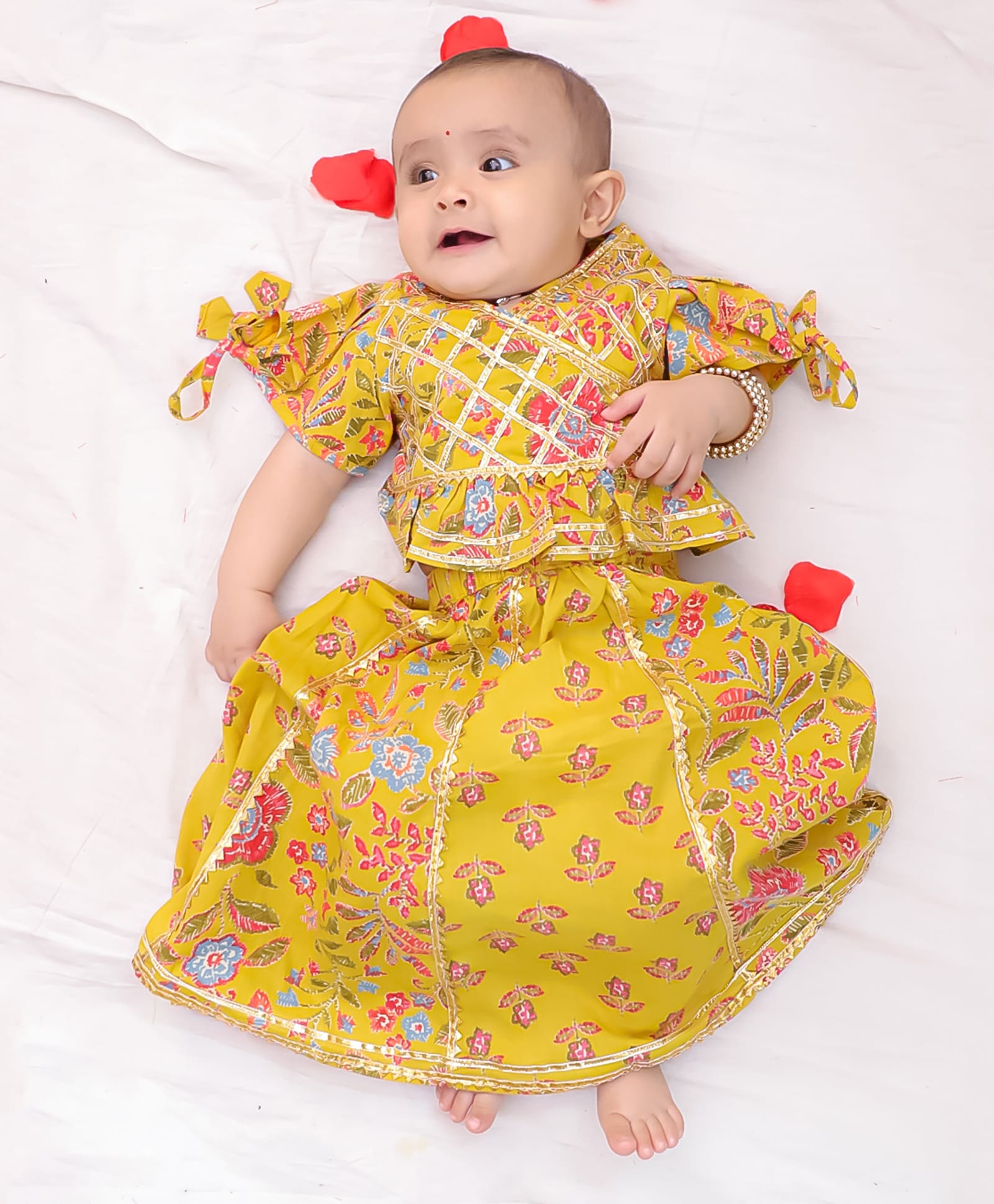 BownBee Pure Cotton Woven Half Sleeves Floral Printed & Lace Embellished Lehenga & Choli Set - Yellow-image-41