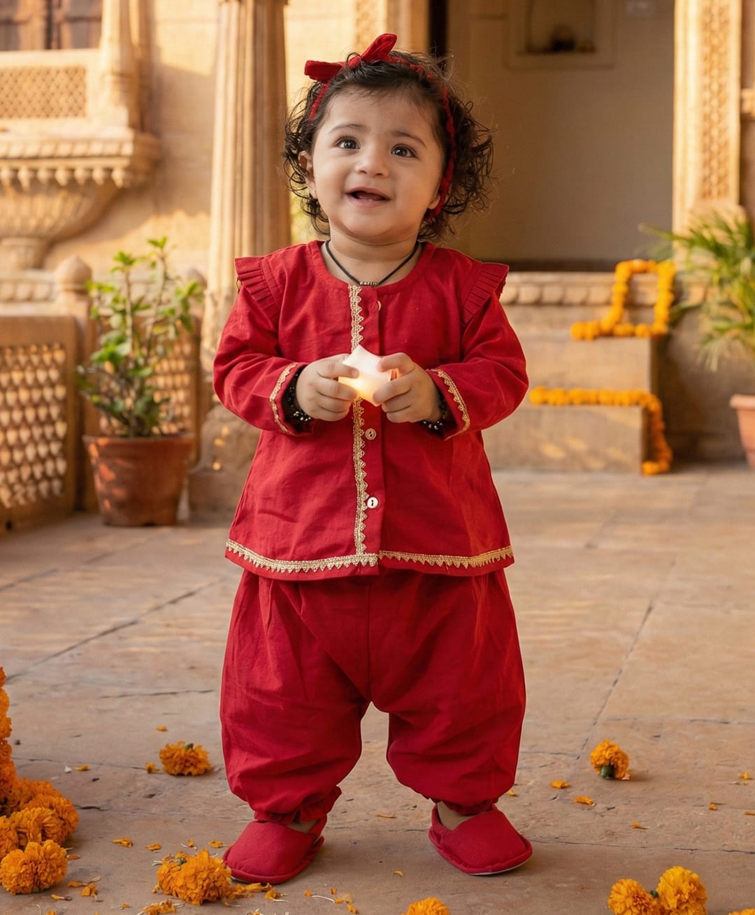 BownBee Pure Cotton Woven Full Sleeves Lace Embellished Kurti & Harem Pants With Headband & Booties Set - Red-image-34