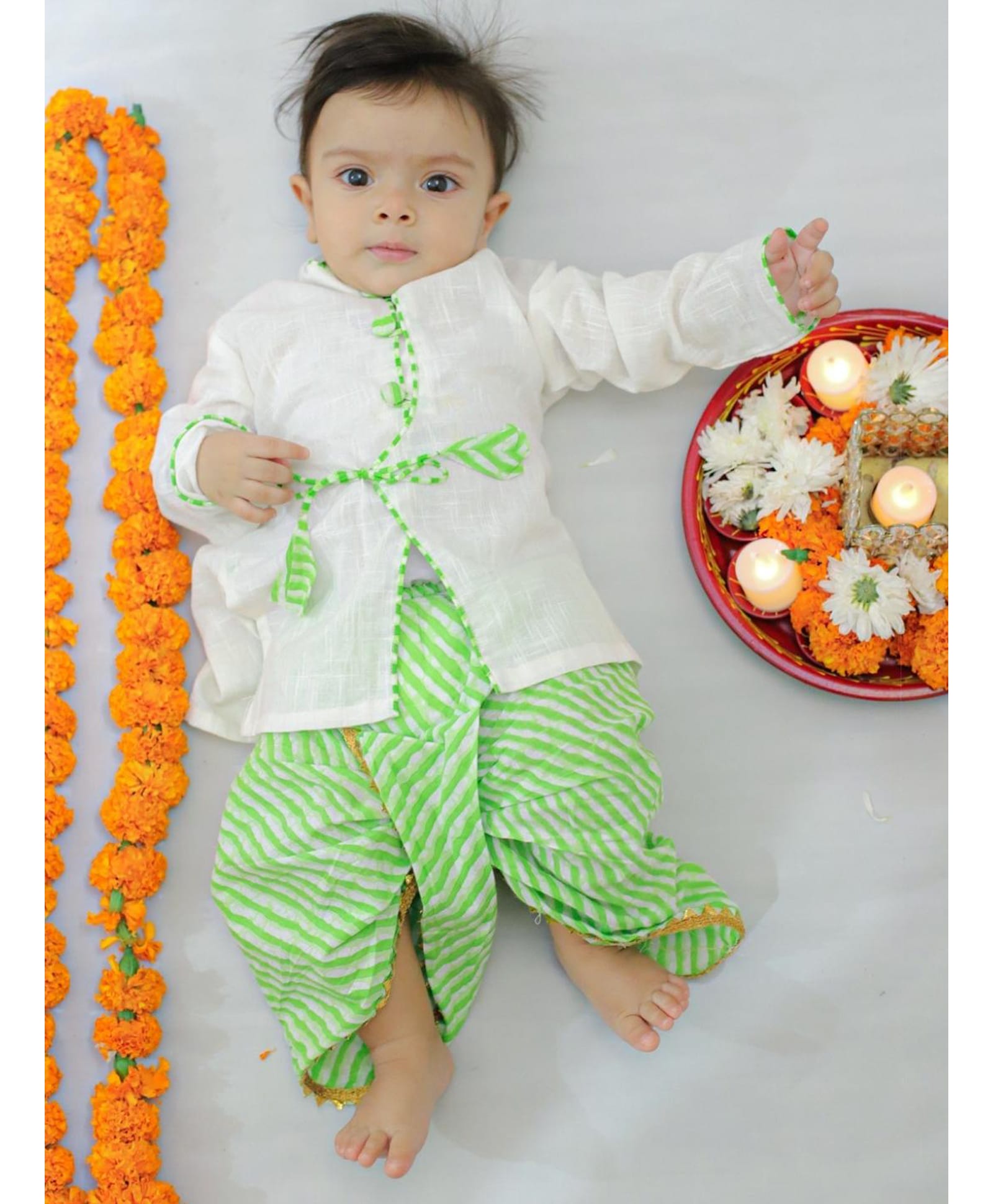 BownBee Pure Cotton Woven Full Sleeves Leheriya Printed Kurta & Dhoti Set - White-image-10