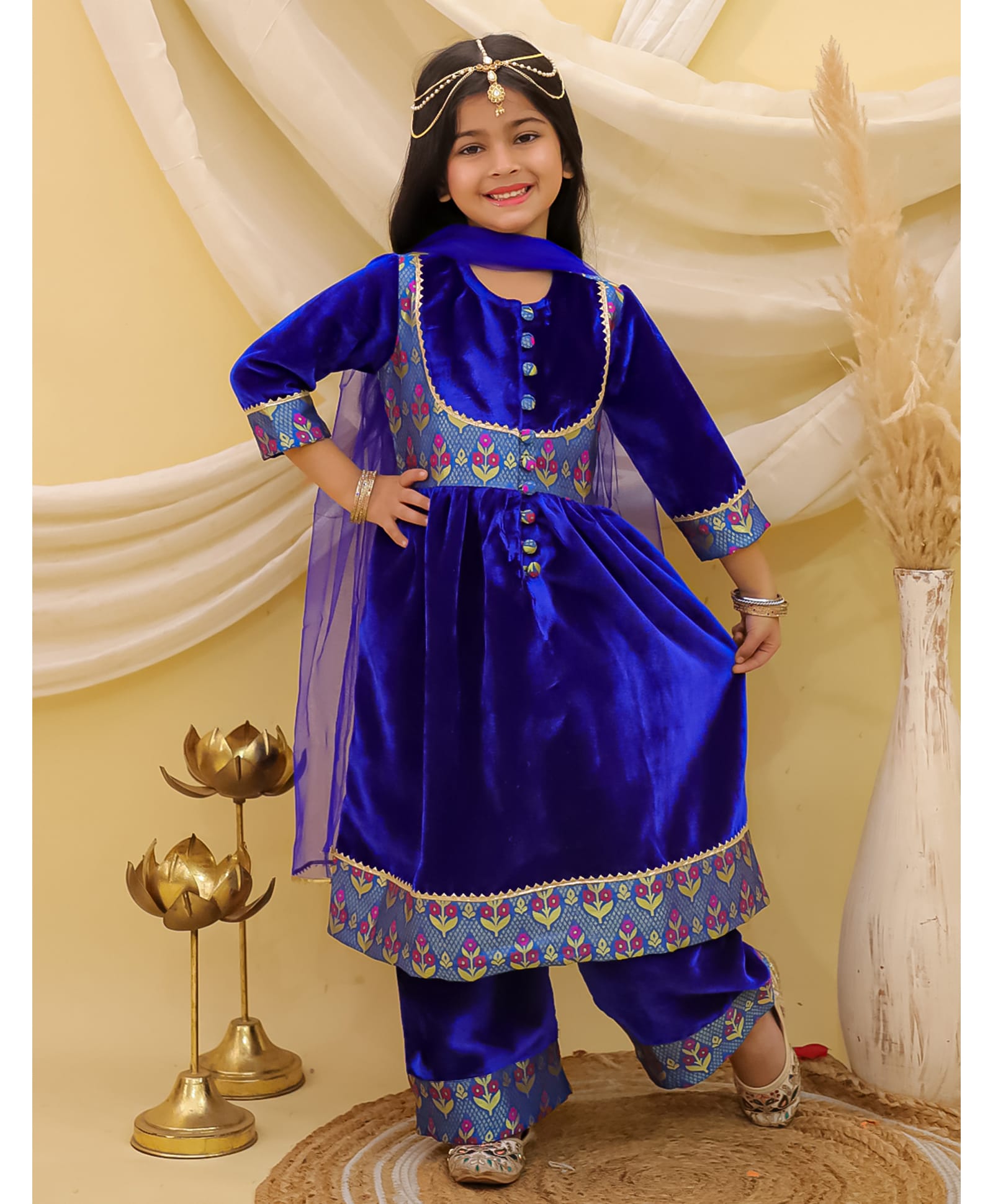 BownBee Velvet Woven Three Fourth Sleeves Floral Embroidered Anarkali Kurti & Salwar With Dupatta Set - Blue-picture-20