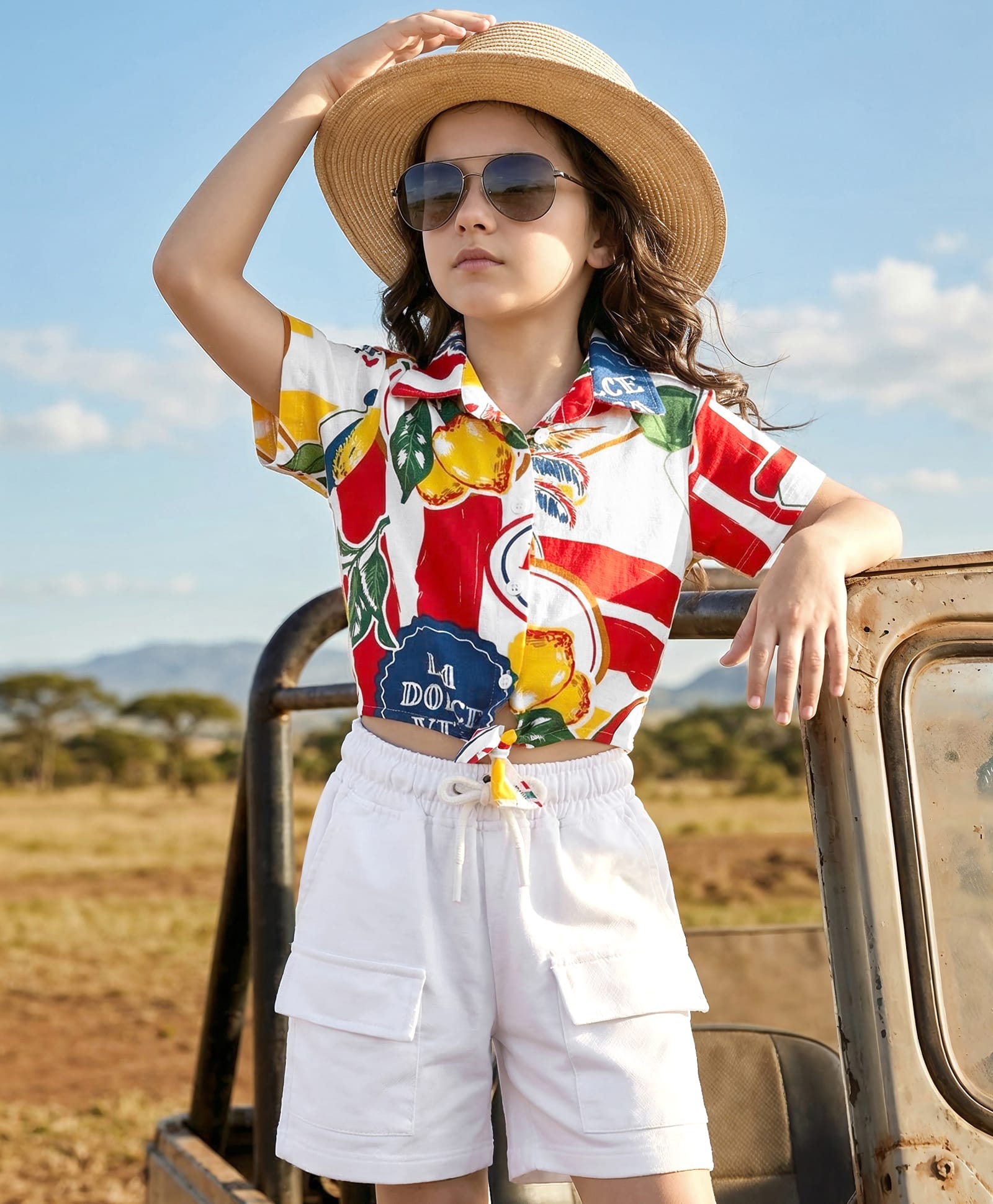 OLLINGTON ST. Cotton Knit Half Sleeves Tropical Theme Printed Top & Shorts Set - Multicolour & White-picture-26