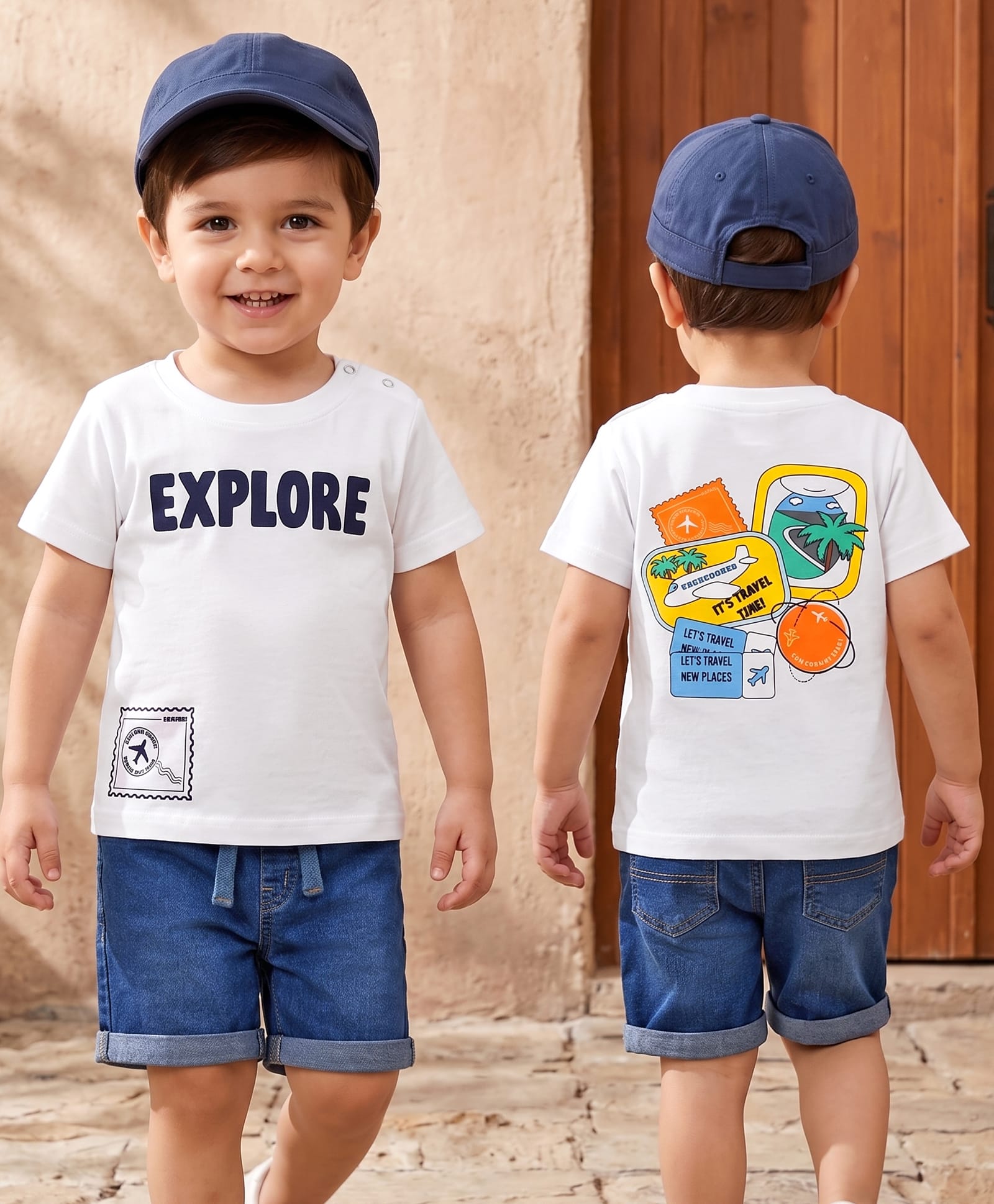 Babyhug Single Jersey Knit Half Sleeves Beach Theme Printed T-Shirt & Denim Shorts Set - White & Blue-picture-24