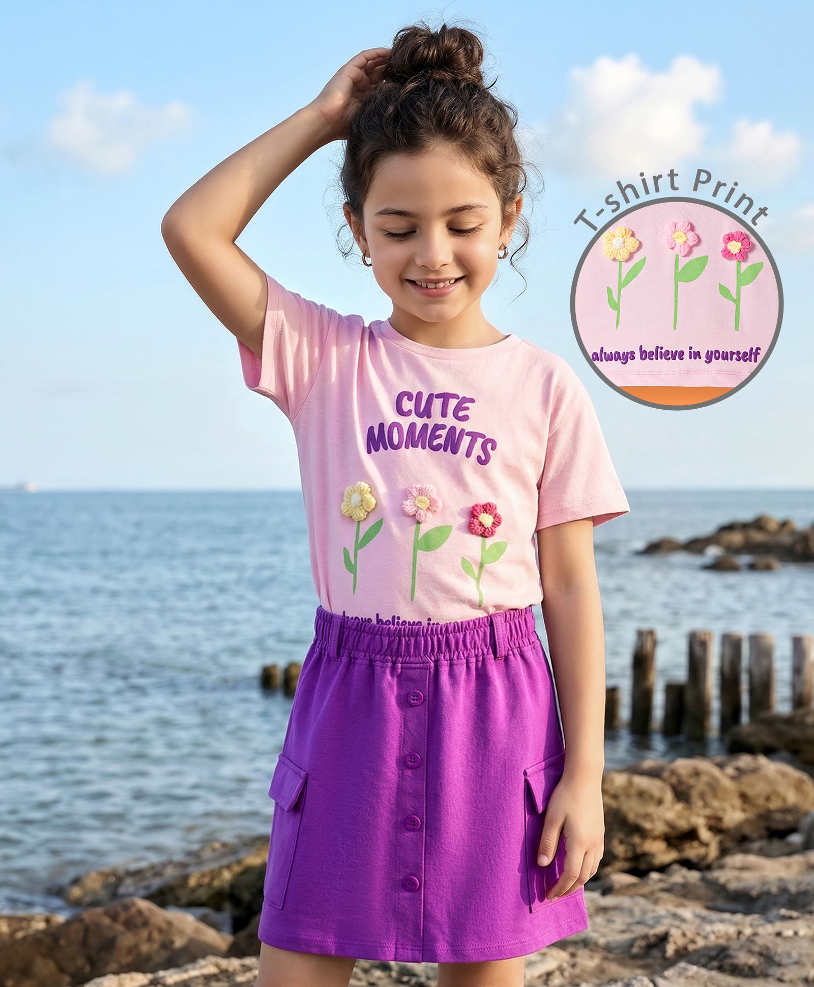 OLLINGTON ST. Cotton Knit Drop Shoulder Half Sleeves Top With Print & Applique Flower & Skirts Set - Pink & Purple-picture-46