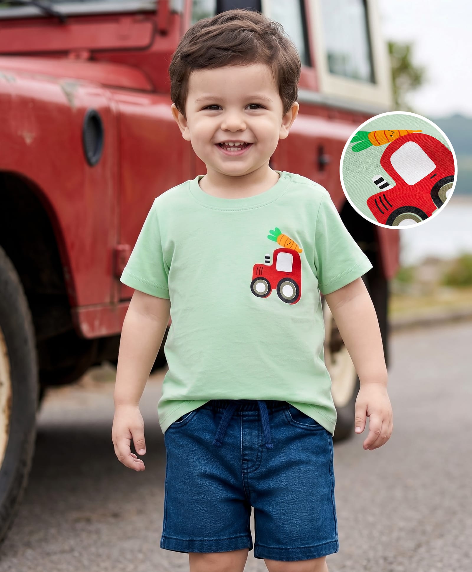 Babyhug Single Jersey Knit Half Sleeves T-Shirt & Denim Shorts Set with Tractor Print - Green & Blue-picture-20