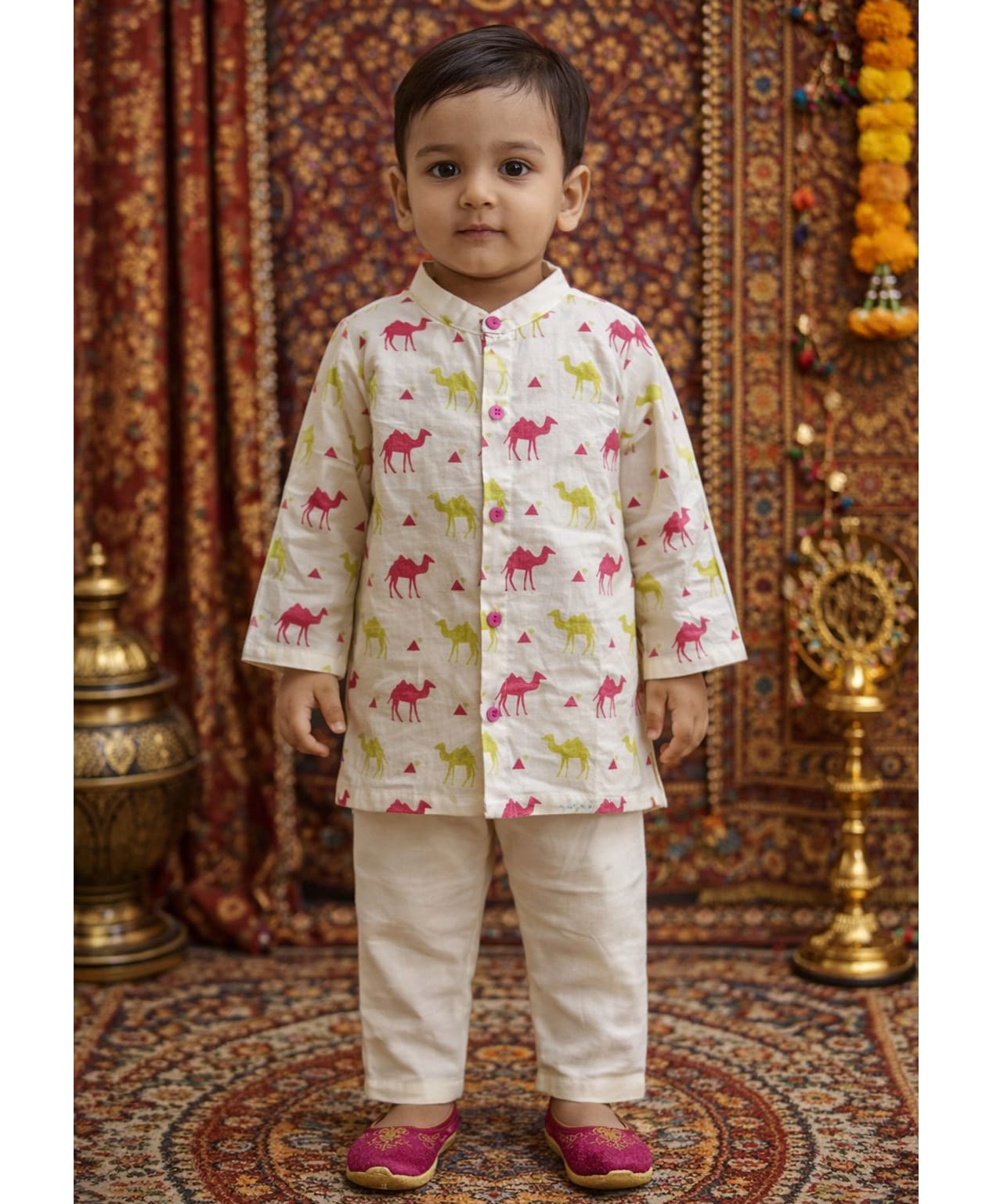 Pspeaches Cotton Woven Full Sleeves Camel Printed Kurta Pyjama Set - Cream-picture-29