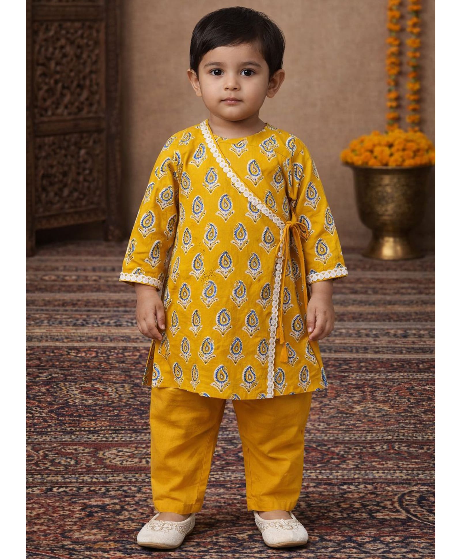 Pspeaches Cotton Woven Full Sleeves Paisley Printed Kurta Pyjama Set - Yellow-picture-33