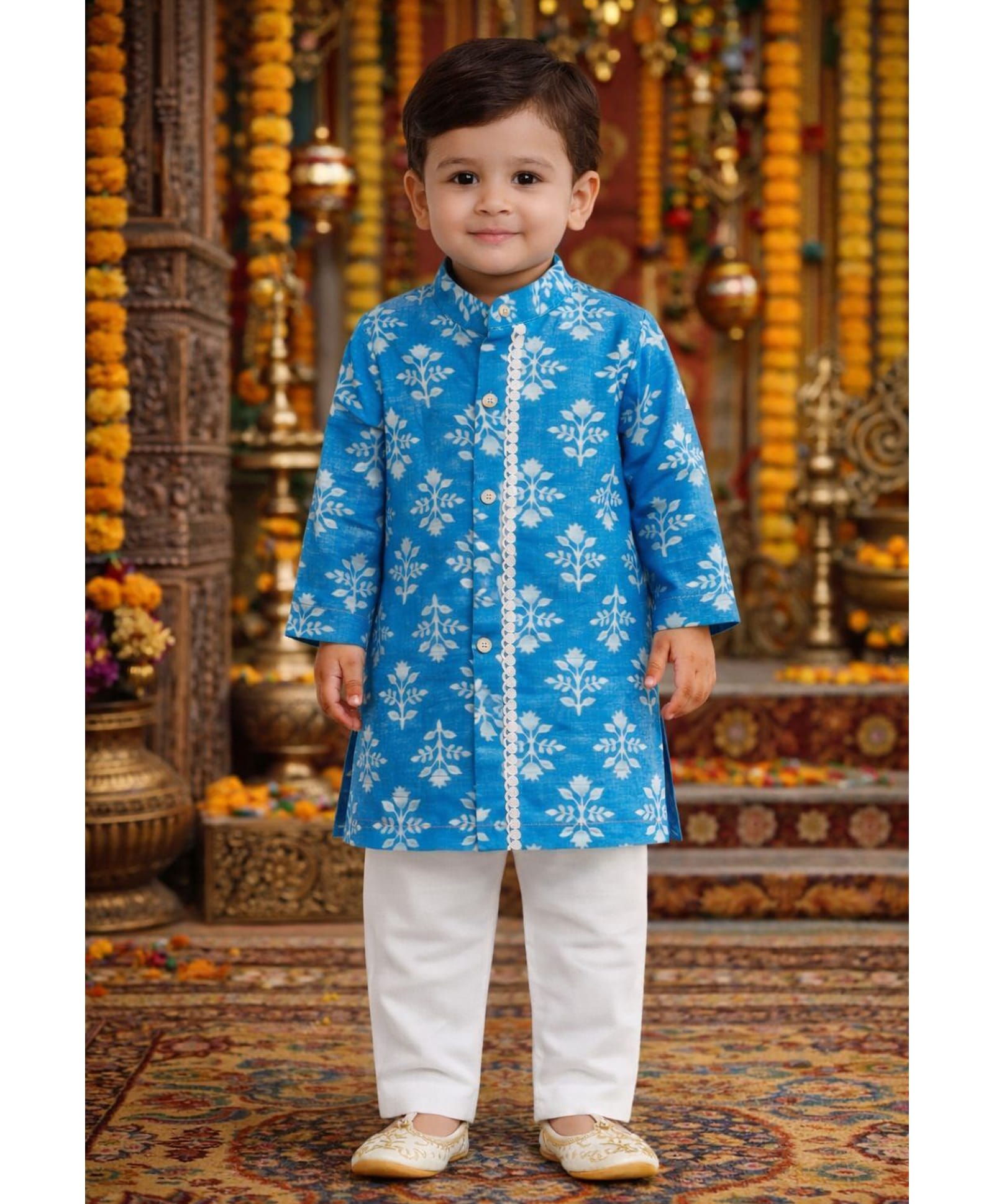 Pspeaches Cotton Woven Full Sleeves Floral Printed Kurta Pyjama Set - Blue-image-44
