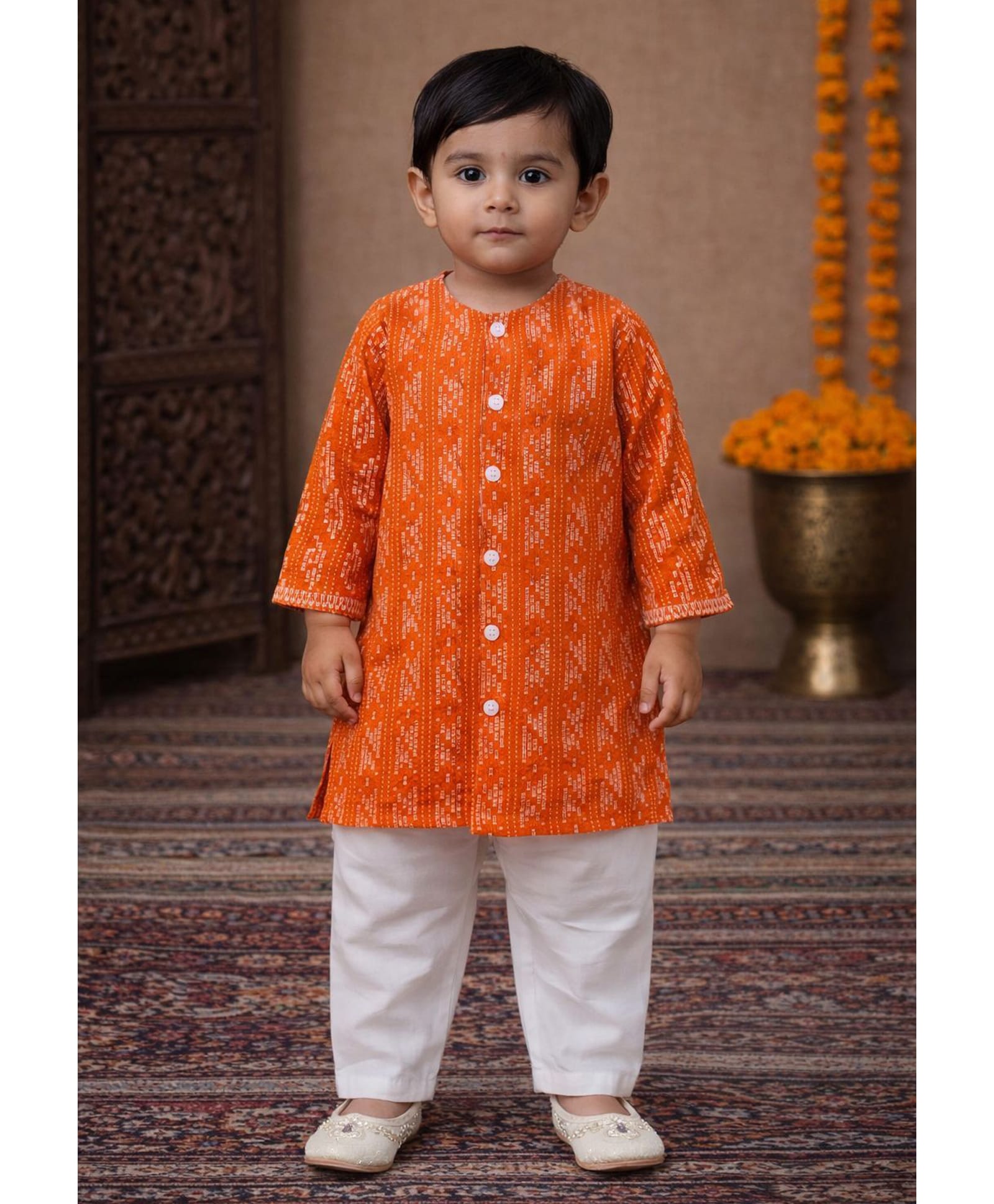 Pspeaches Cotton Woven Full Sleeves Geometric Printed Kurta Pyjama Set - Orange-picture-35