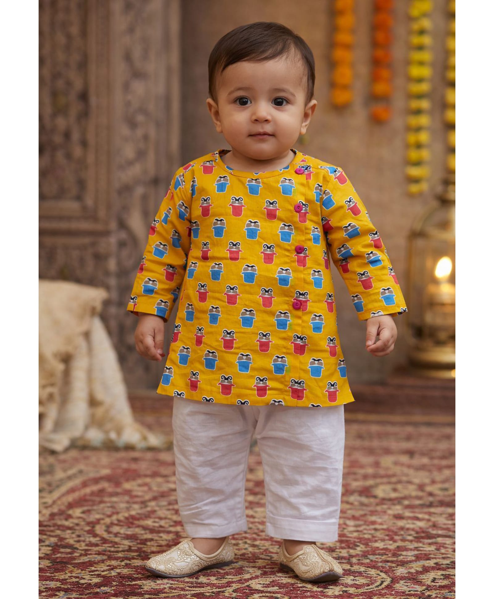Pspeaches Cotton Woven Full Sleeves Motif Printed Kurta Pyjama Set - Yellow-picture-36