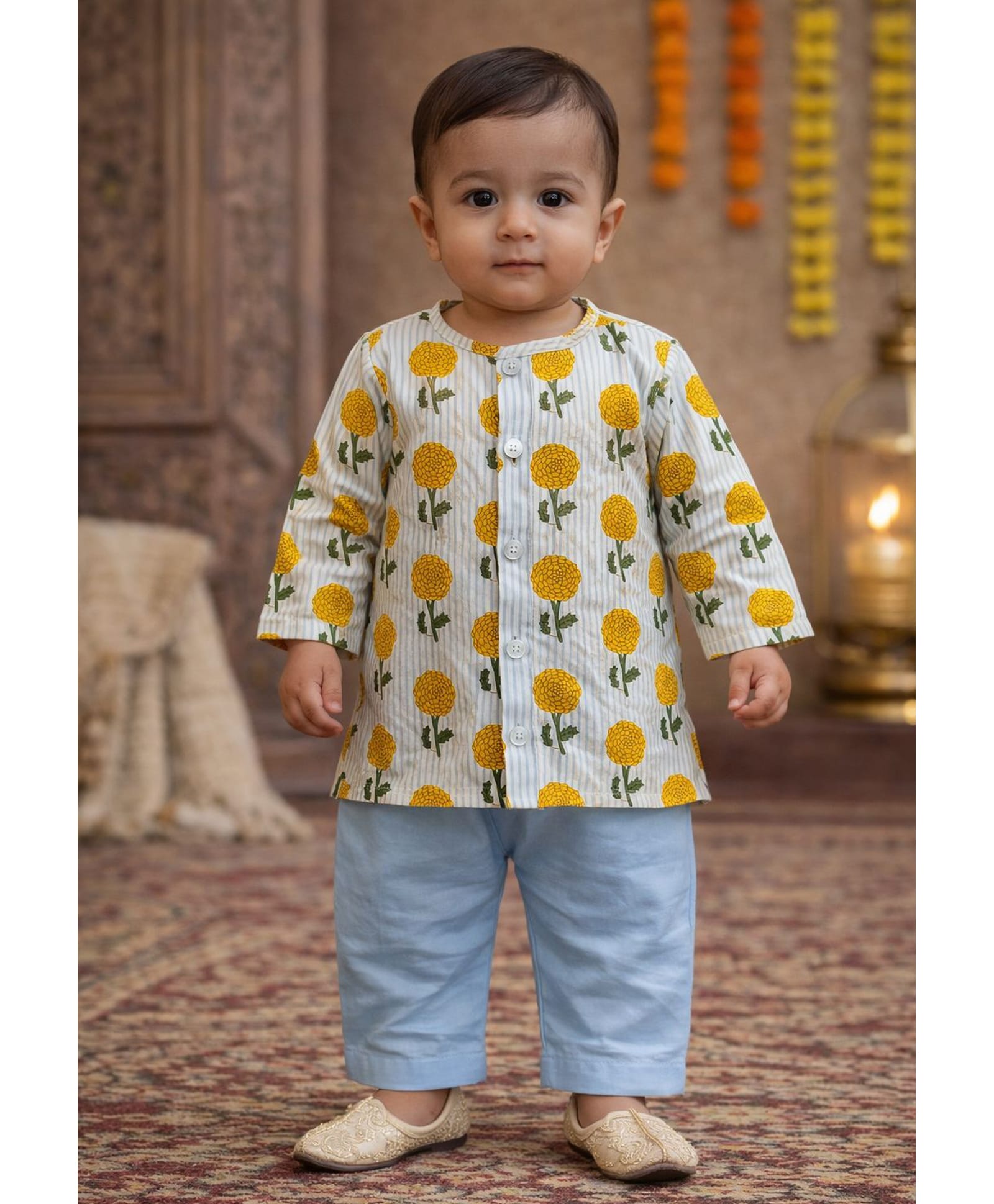 Pspeaches Cotton Woven Full Sleeves Floral Printed Kurta Pyjama Set - Blue-image-42