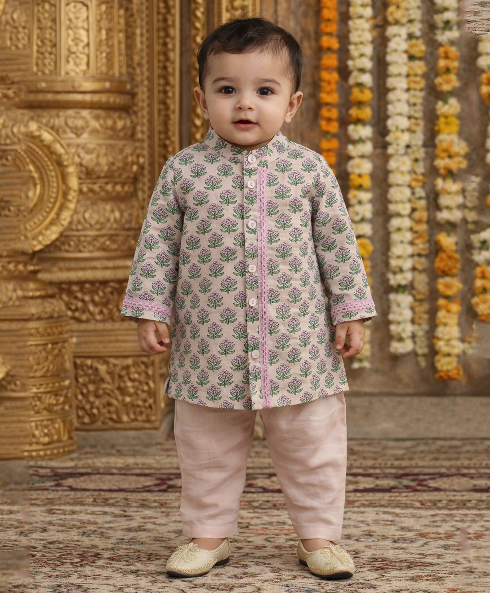 Pspeaches Cotton Woven Full Sleeves Floral Printed Kurta Pyjama Set - Pink-picture-15