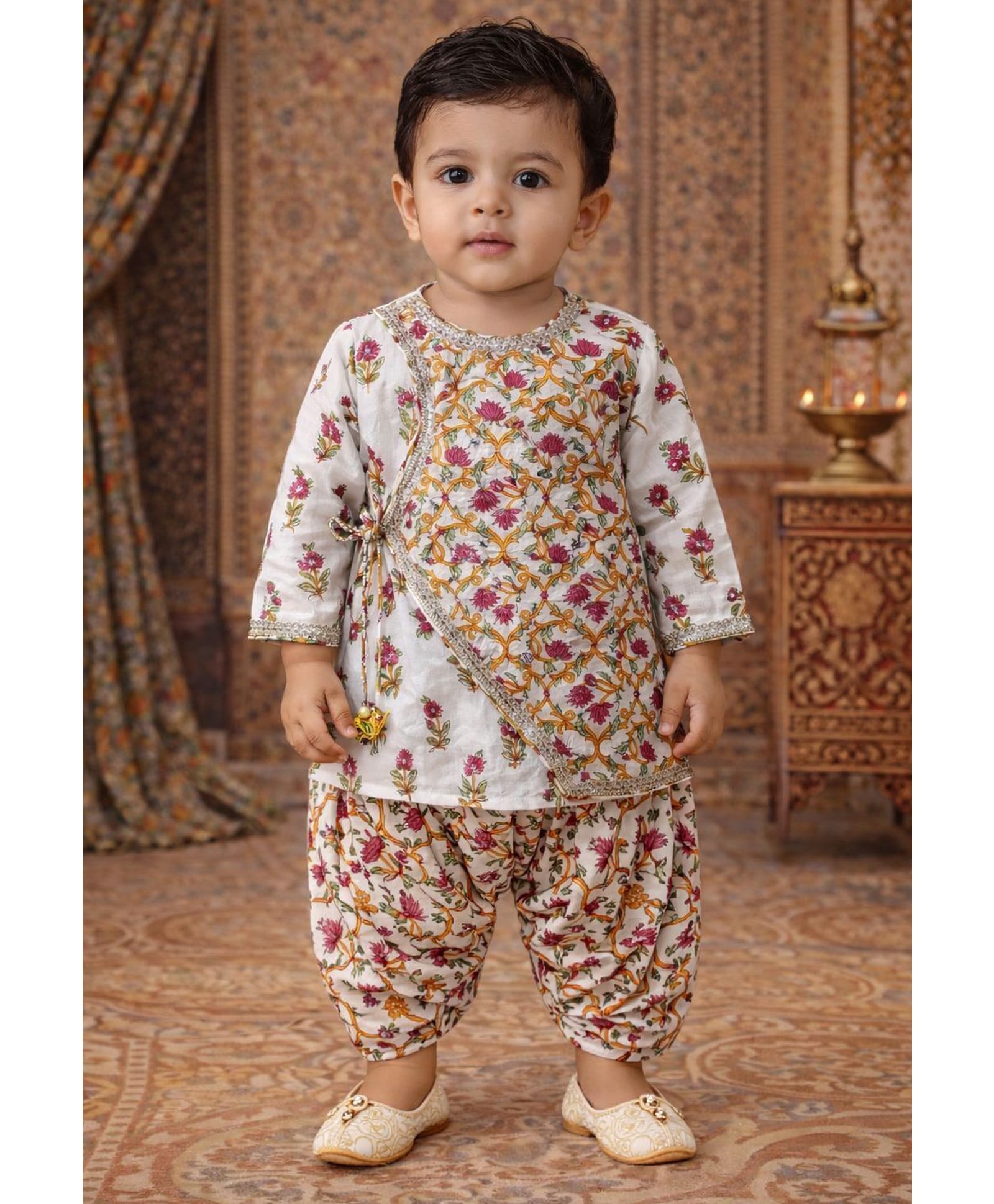 Pspeaches Cotton Woven Full Sleeves Floral Printed Kurta Dhoti Set - Off White-picture-27
