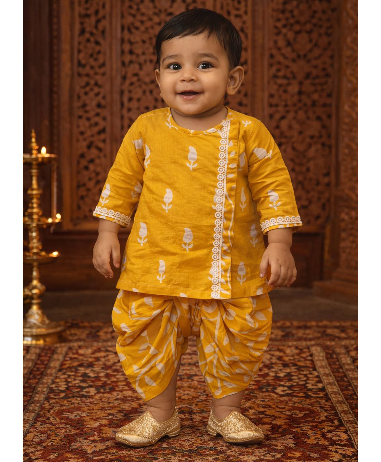 Pspeaches Cotton Woven Full Sleeves Floral Motif Printed Kurta Dhoti Set - Yellow-picture-14