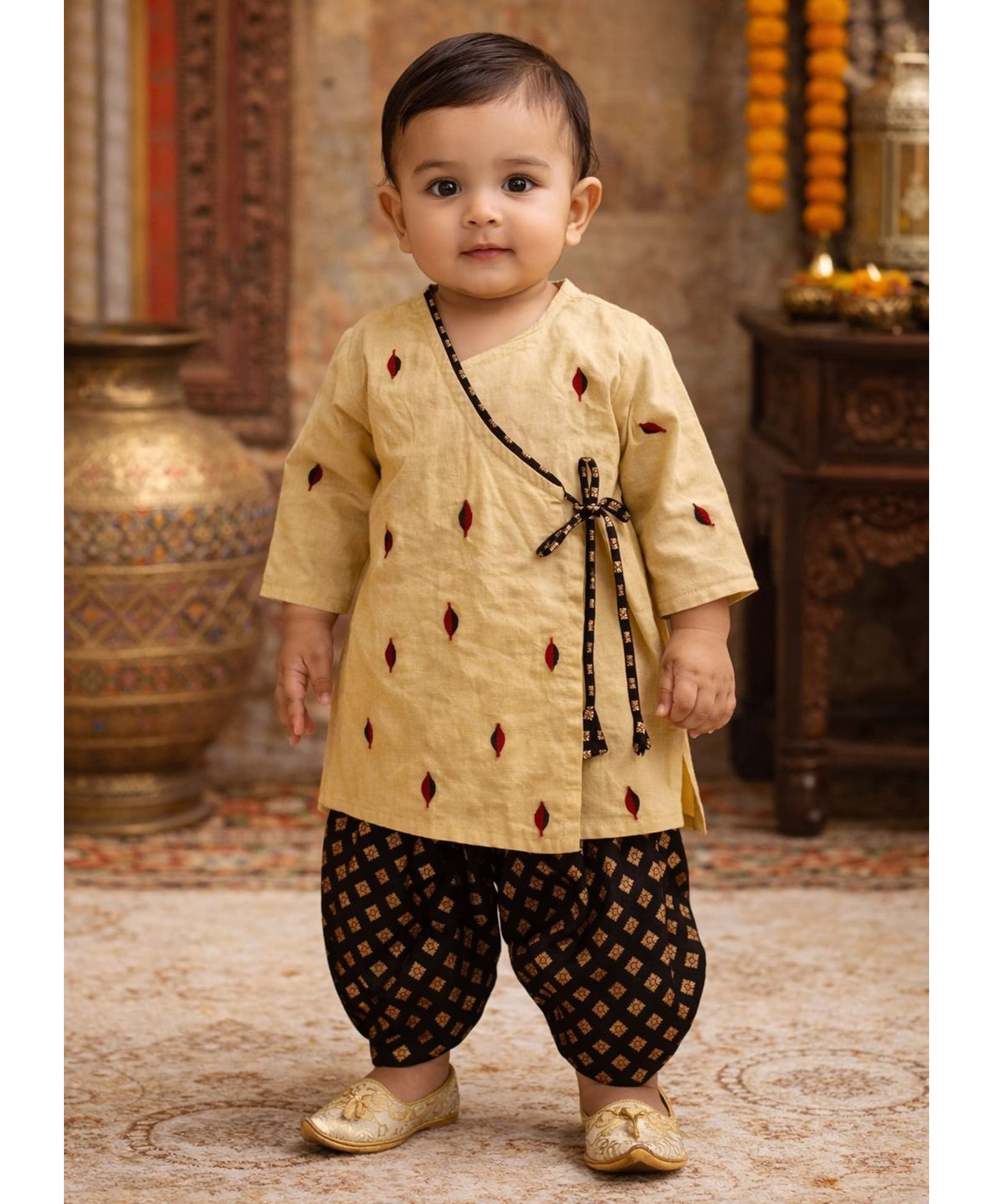 Pspeaches Cotton Woven Full Sleeves Leaves Embroidered Kurta Dhoti Set - Brown-picture-30