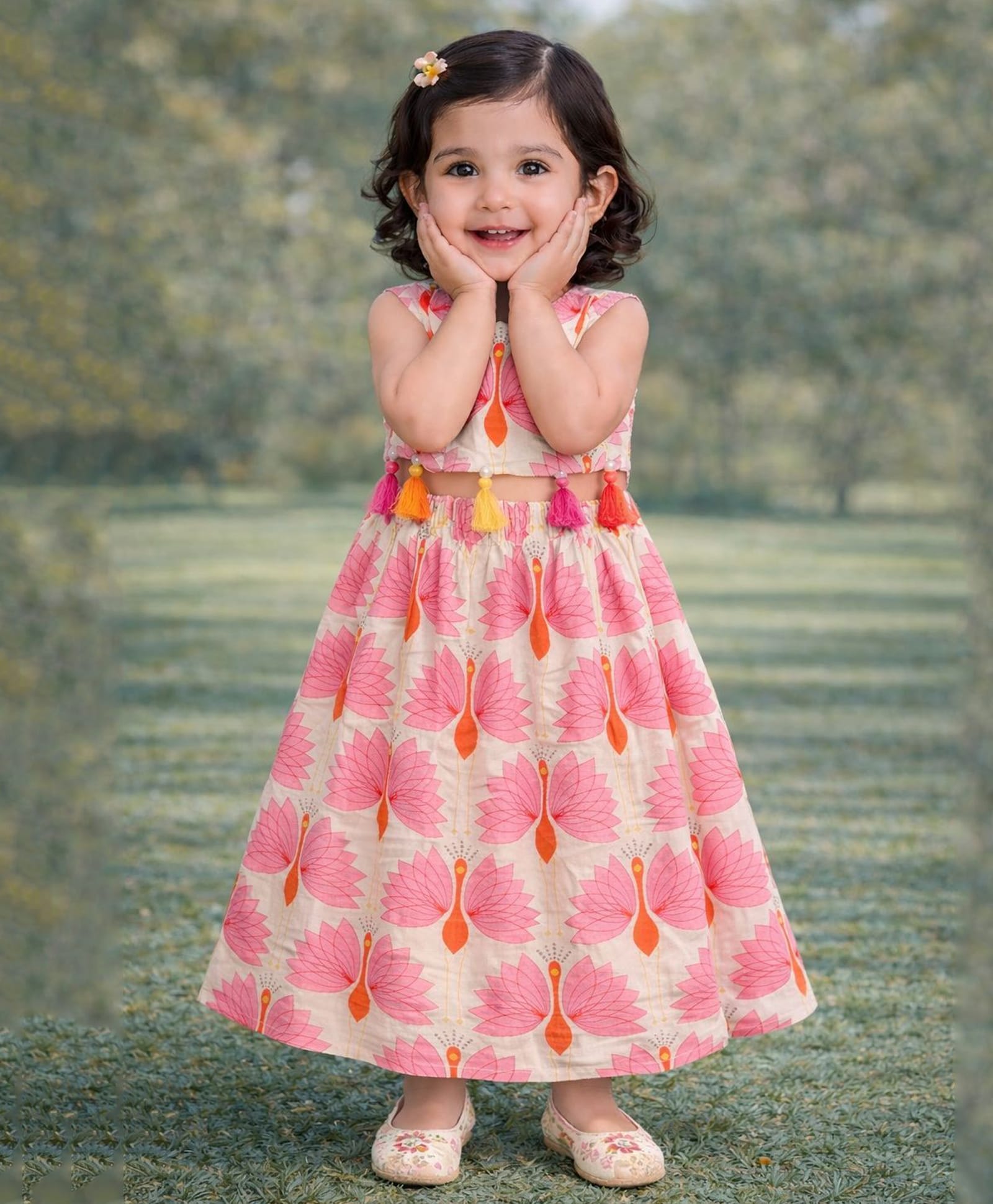 Pspeaches Cotton Woven Sleeveless Peacock Printed Lehenga & Choli Set - Pink-image-36