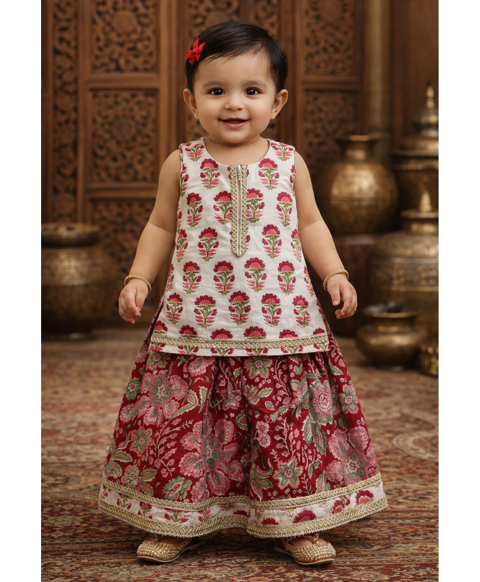 Pspeaches Cotton Woven Sleeveless Floral Printed Lehenga & Choli Set - Red-image-41