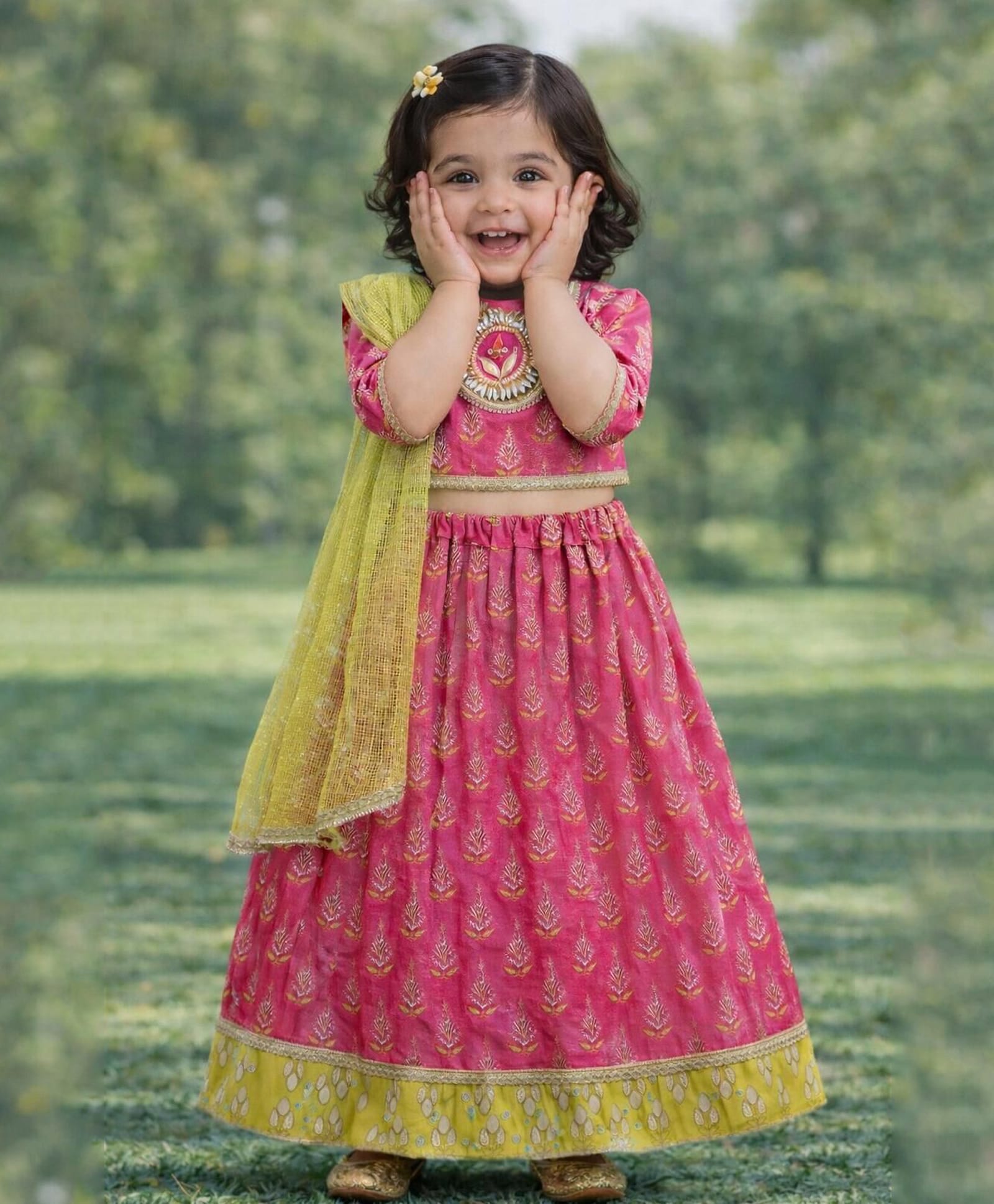 Pspeaches Cotton Woven Three Fourth Sleeves Abstract Printed Lehenga Choli & Dupatta Set - Magenta-image-13