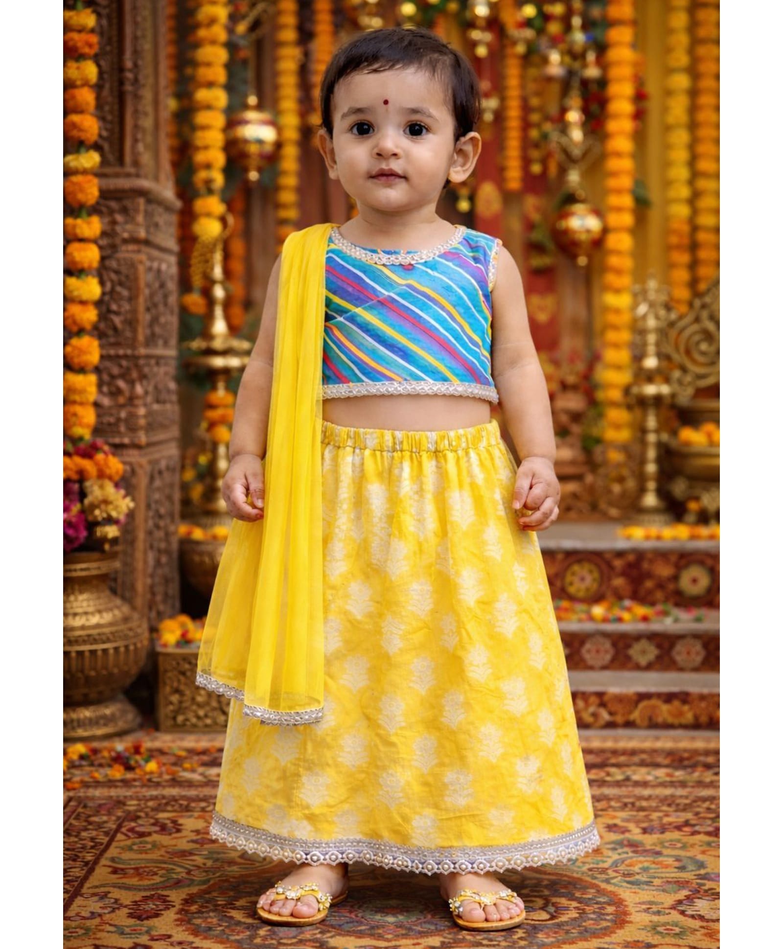 Pspeaches Cotton Woven Sleeveless Leheriya Printed Lehenga & Choli With Dupatta Set - Yellow-image-18